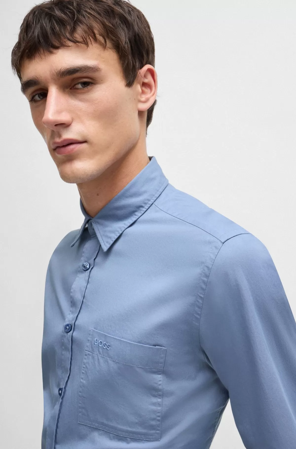 HUGO BOSS Skjorte Med Regular Fit I Vasket Bomuldstwill Lyseblå Clearance