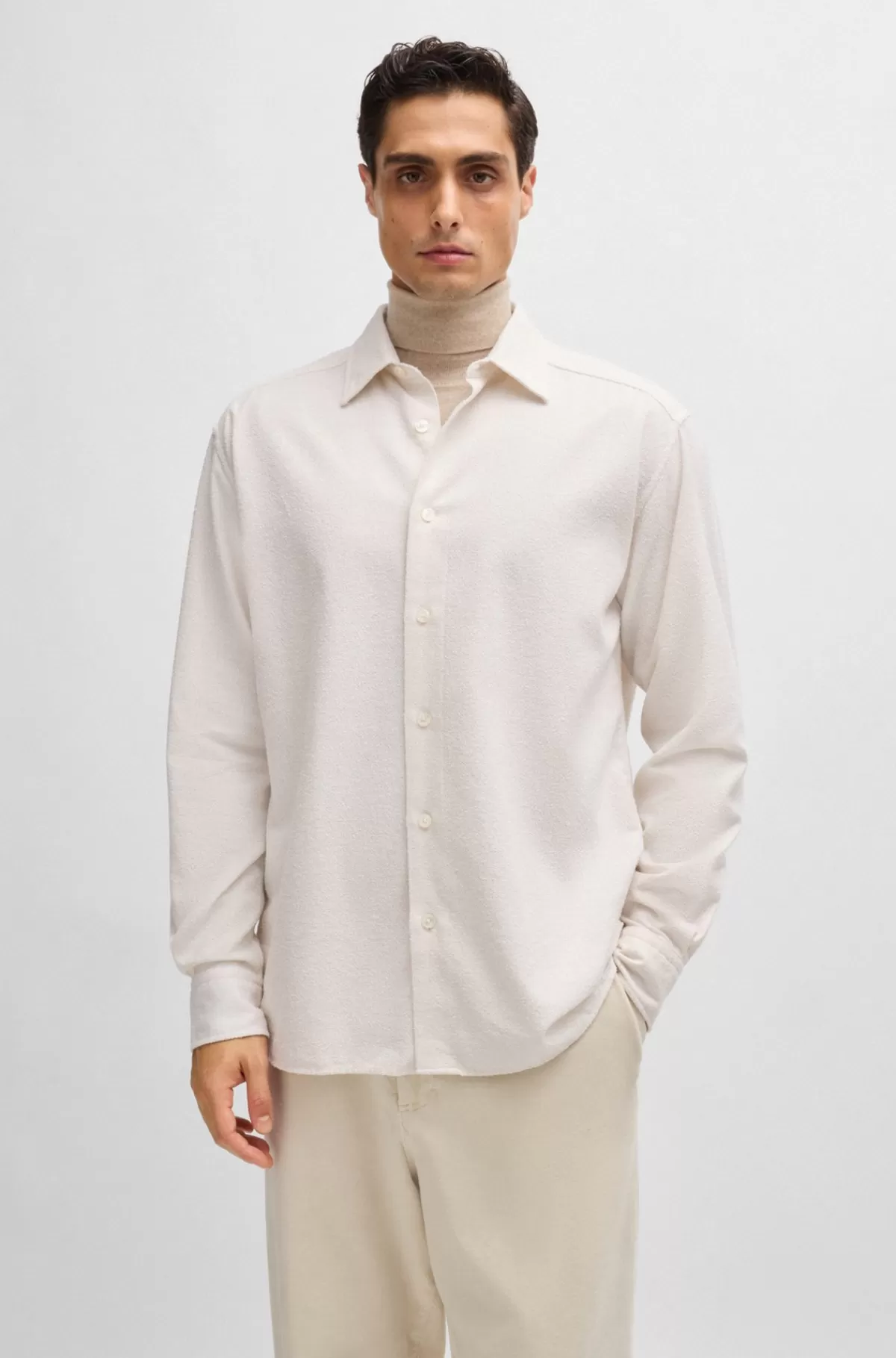 HUGO BOSS Skjorte Med Relaxed Fit I Bouclé Af Bomuldsblanding Hvid Cheap