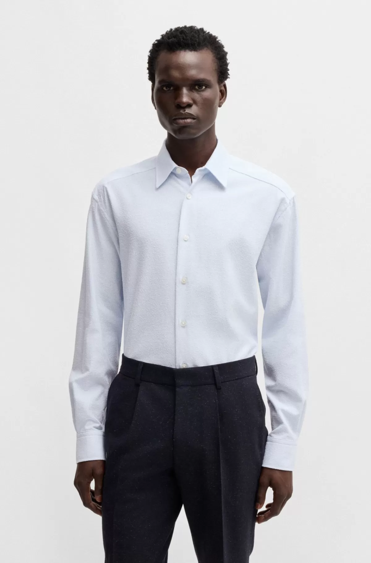 HUGO BOSS Skjorte Med Relaxed Fit I Bouclé Af Bomuldsblanding Lyseblå Fashion