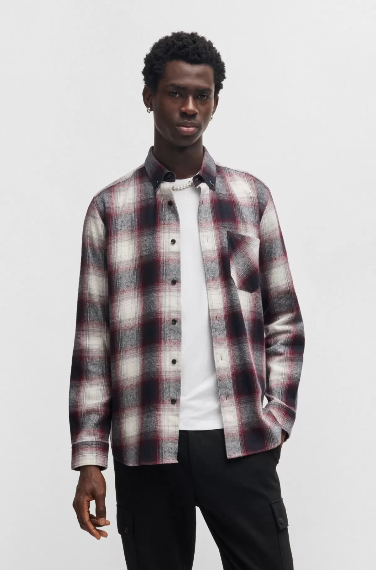 HUGO BOSS Skjorte Med Relaxed Fit I Børstet Bomuld Med Tern Mørk pink Cheap