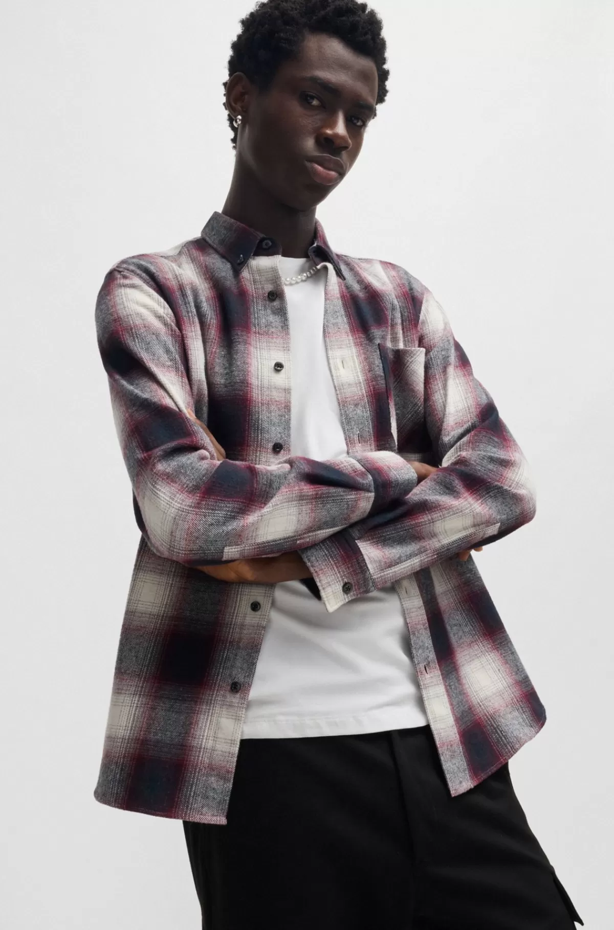 HUGO BOSS Skjorte Med Relaxed Fit I Børstet Bomuld Med Tern Mørk pink Cheap