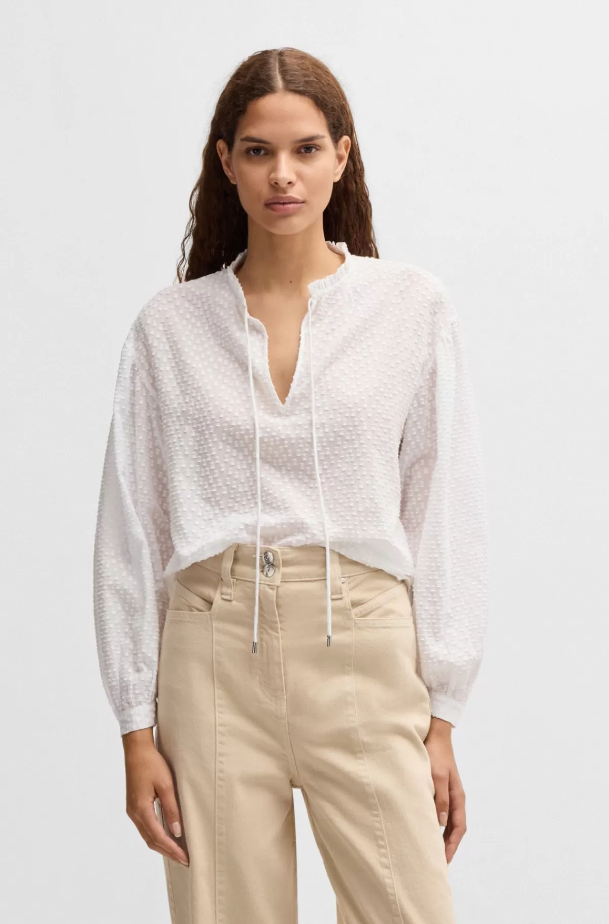 HUGO BOSS Skjorte Med Relaxed Fit I Mønsteret Bomuld Med Flæsekrave Hvid Clearance
