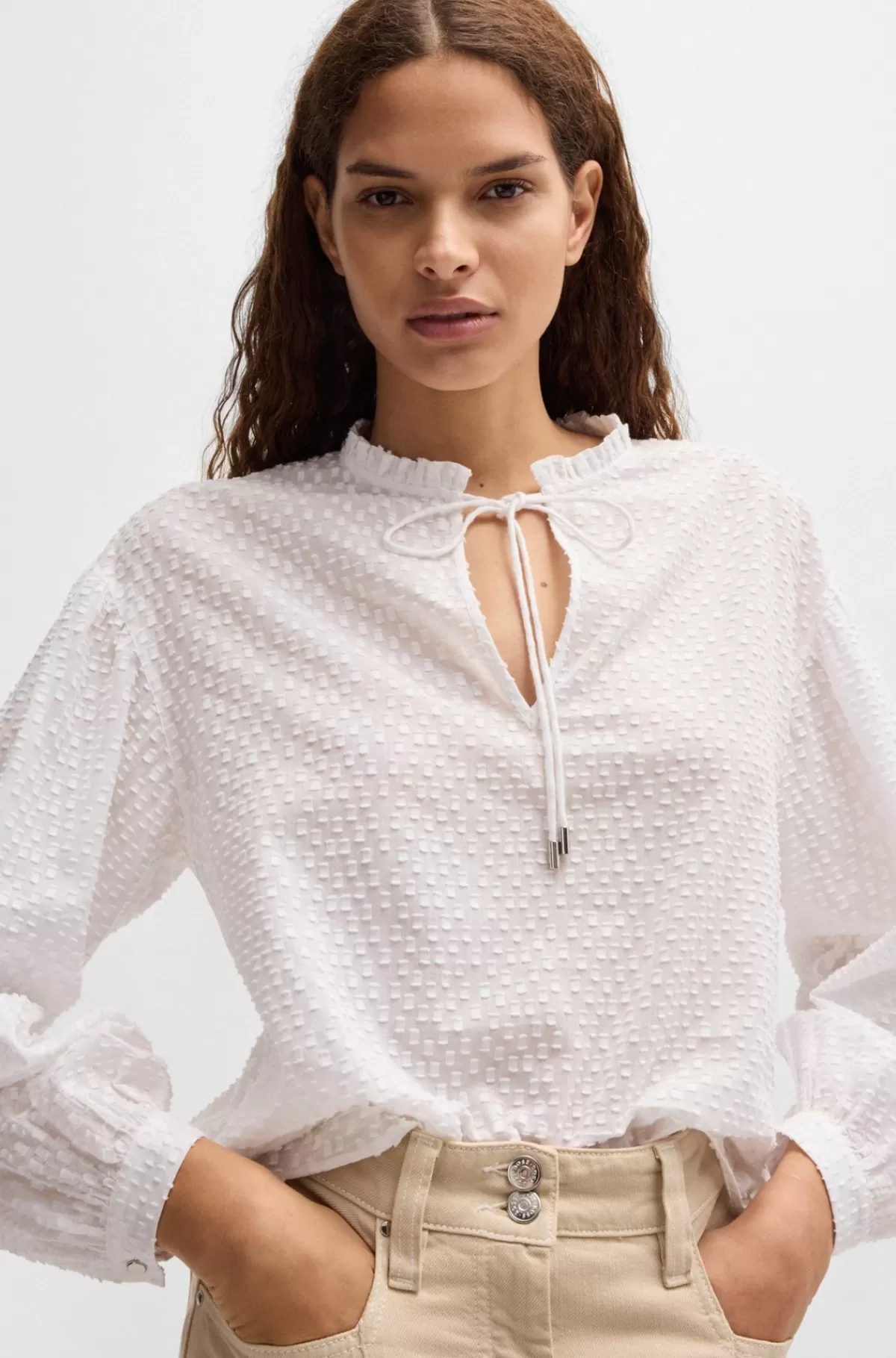 HUGO BOSS Skjorte Med Relaxed Fit I Mønsteret Bomuld Med Flæsekrave Hvid Clearance