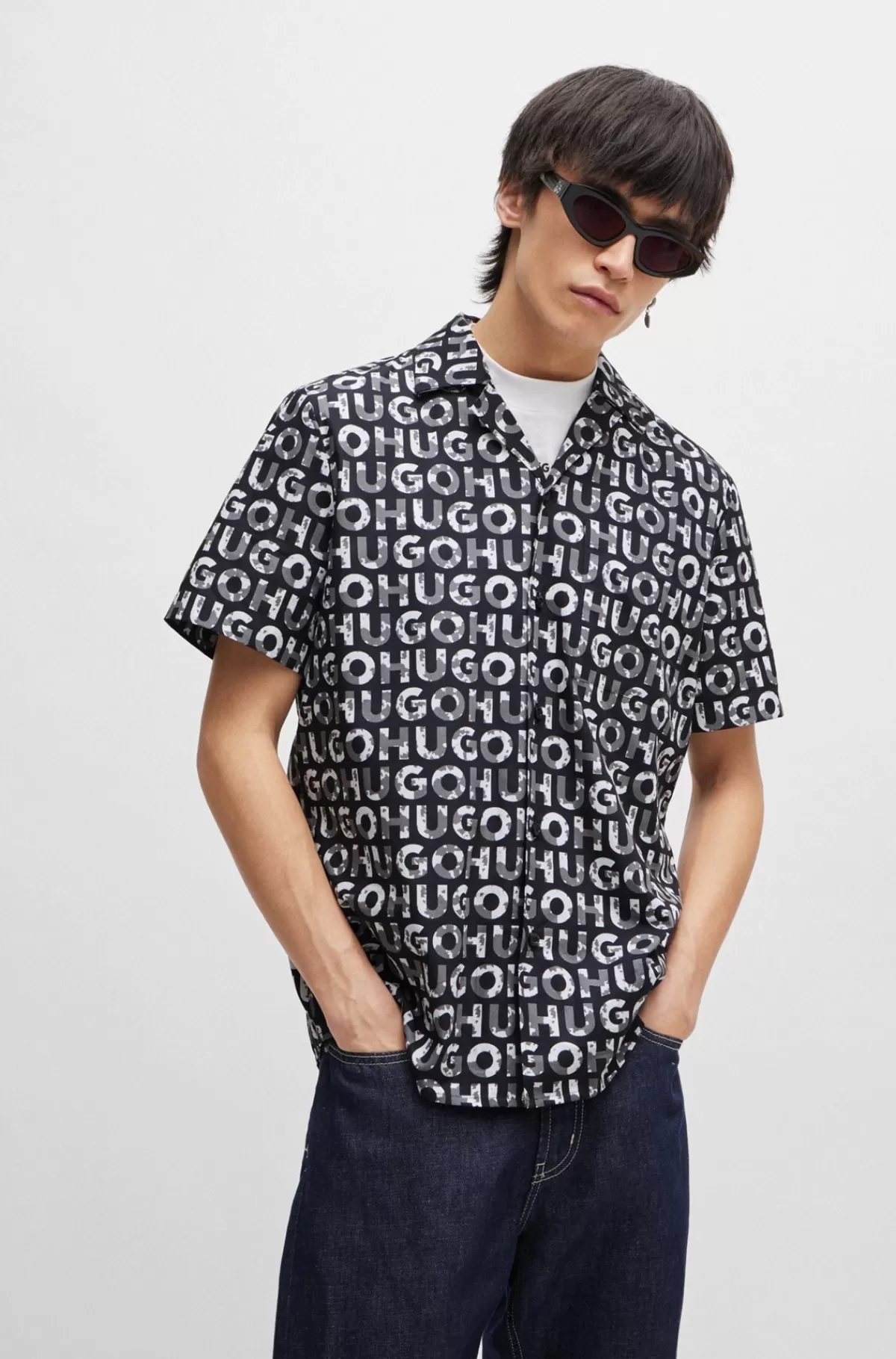 HUGO BOSS Skjorte Med Relaxed Fit Og Sæsonens Logoprint Mønstret Outlet