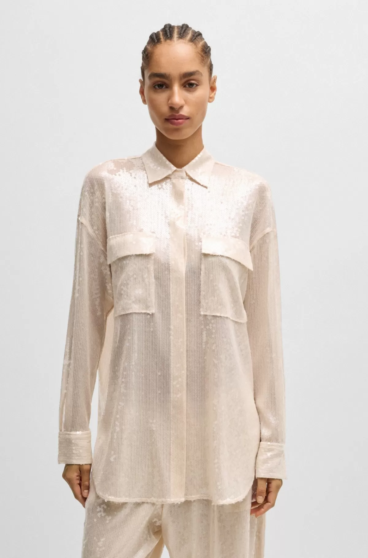 HUGO BOSS Skjorte Med Relaxed Fit, Pailletter Og Krave Med Spidse Flipper Lys beige Fashion