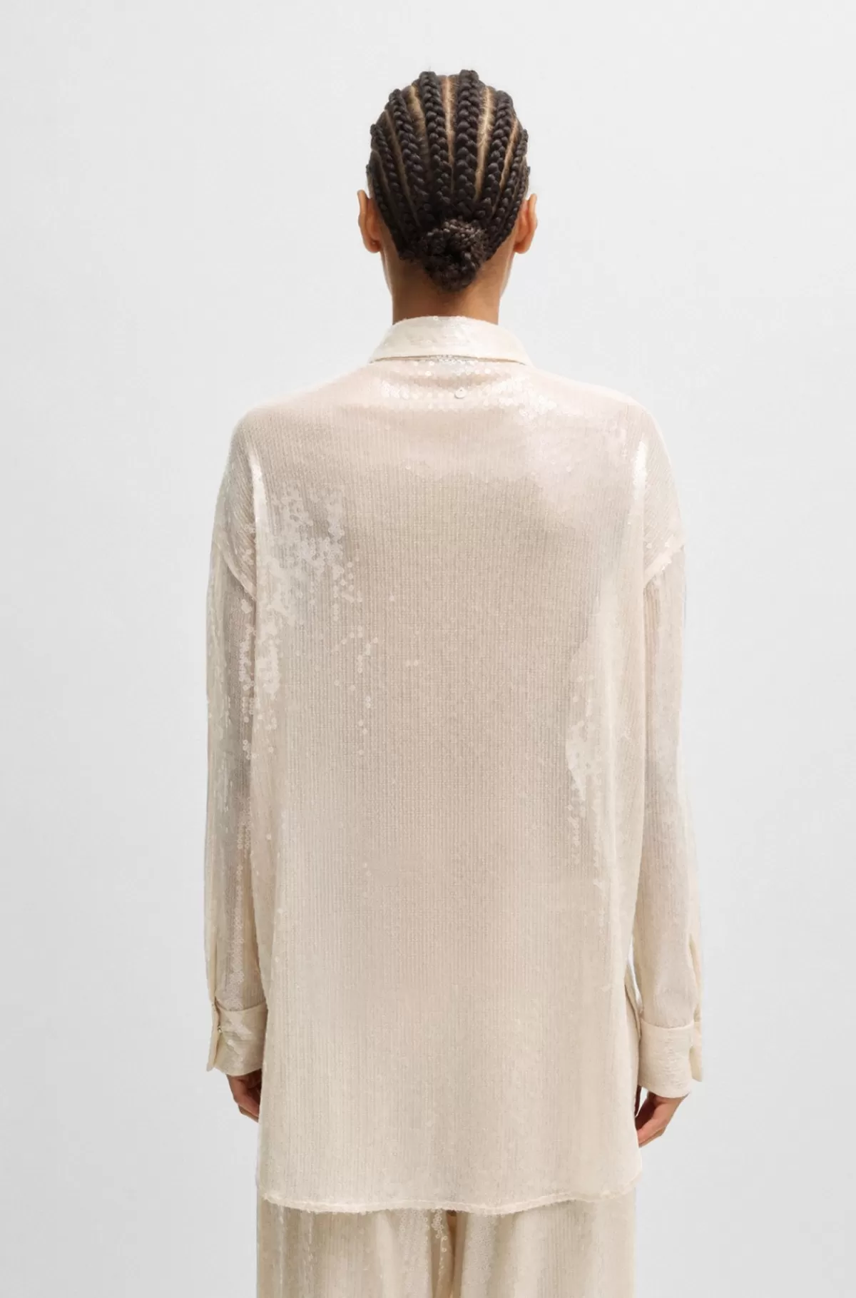 HUGO BOSS Skjorte Med Relaxed Fit, Pailletter Og Krave Med Spidse Flipper Lys beige Fashion