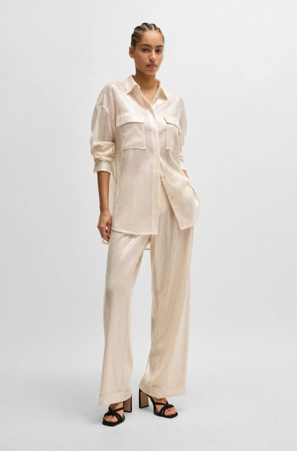 HUGO BOSS Skjorte Med Relaxed Fit, Pailletter Og Krave Med Spidse Flipper Lys beige Fashion