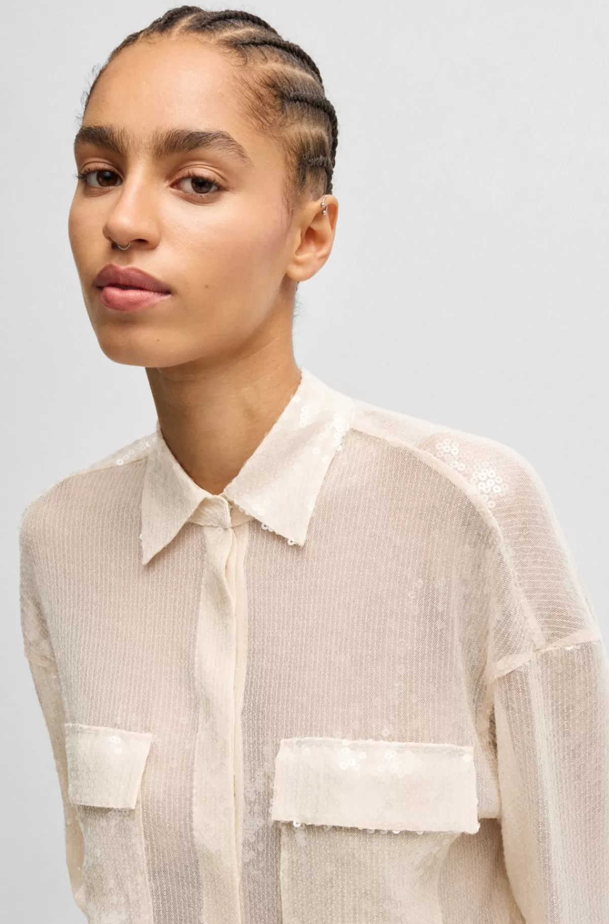HUGO BOSS Skjorte Med Relaxed Fit, Pailletter Og Krave Med Spidse Flipper Lys beige Fashion