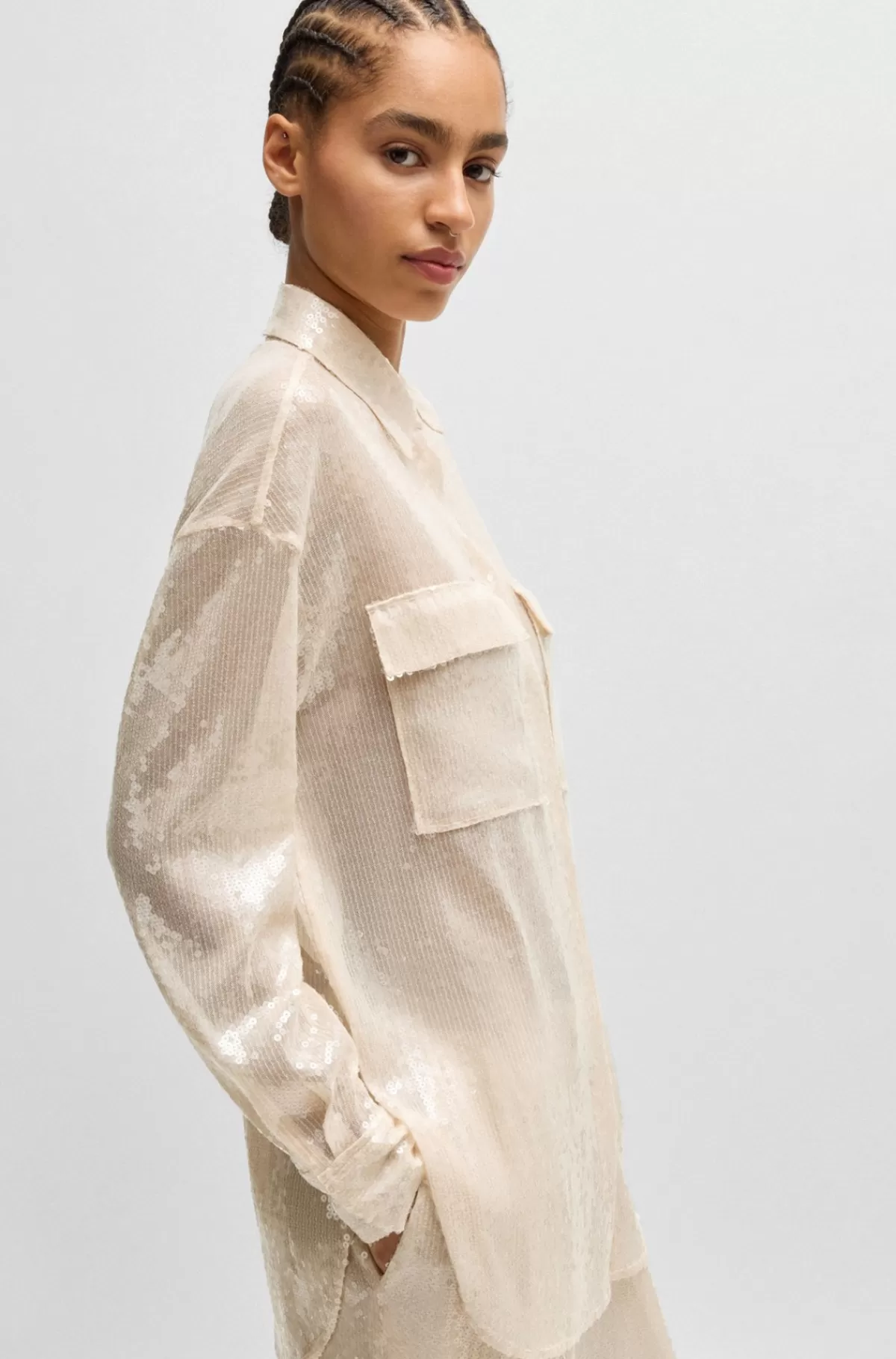 HUGO BOSS Skjorte Med Relaxed Fit, Pailletter Og Krave Med Spidse Flipper Lys beige Fashion