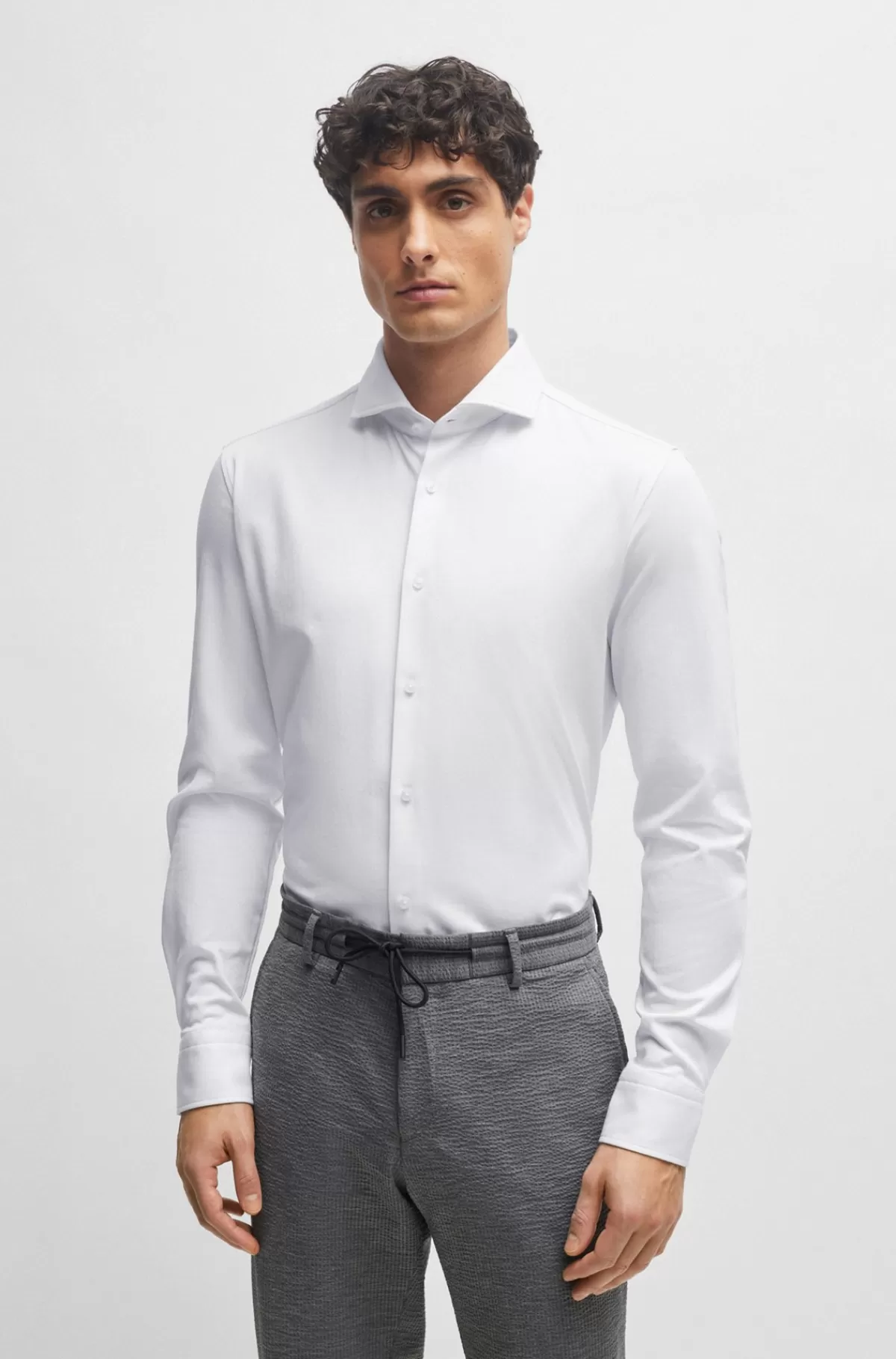 HUGO BOSS Skjorte Med Slank Pasform I Jersey Med Performance-stræk Og Struktur Hvid Shop