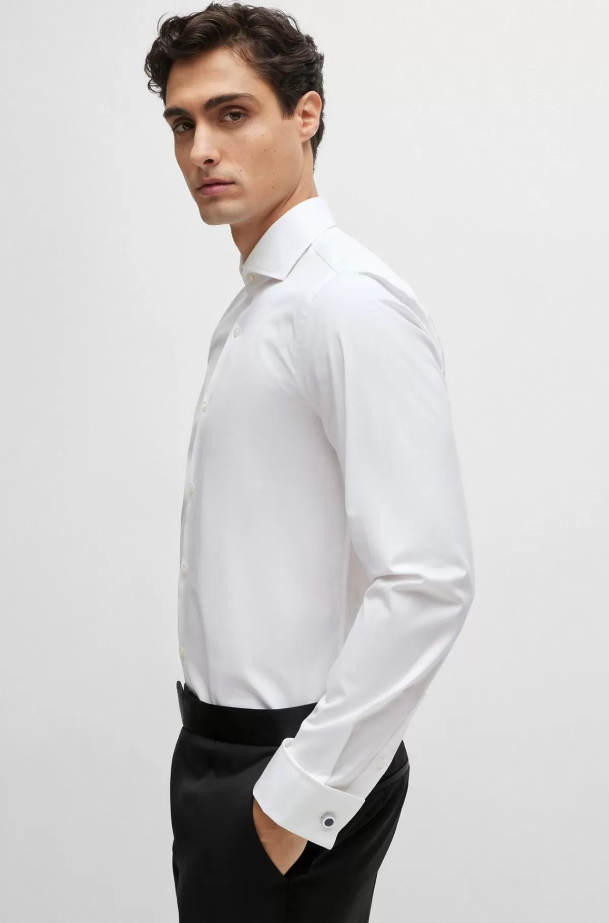 HUGO BOSS Skjorte Med Slim Fit Af Bomuld Med Stræk Og Med Dobbelte Manchetter Hvid Outlet
