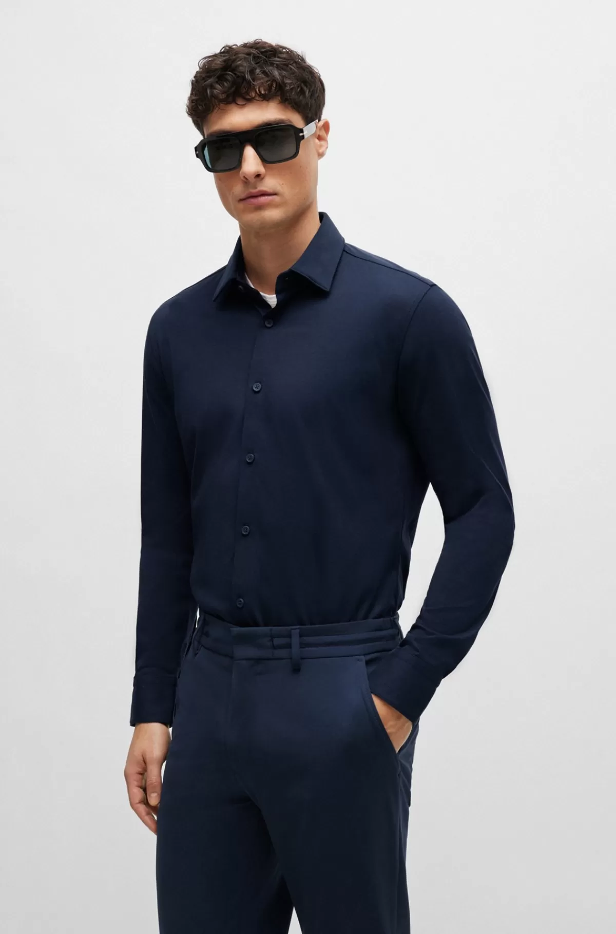 HUGO BOSS Skjorte Med Slim Fit Af Performance Bomuldsblanding Mørkeblå Fashion