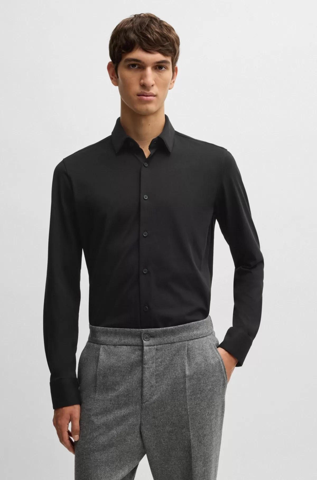 HUGO BOSS Skjorte Med Slim Fit Af Performance Bomuldsblanding Sort Flash Sale