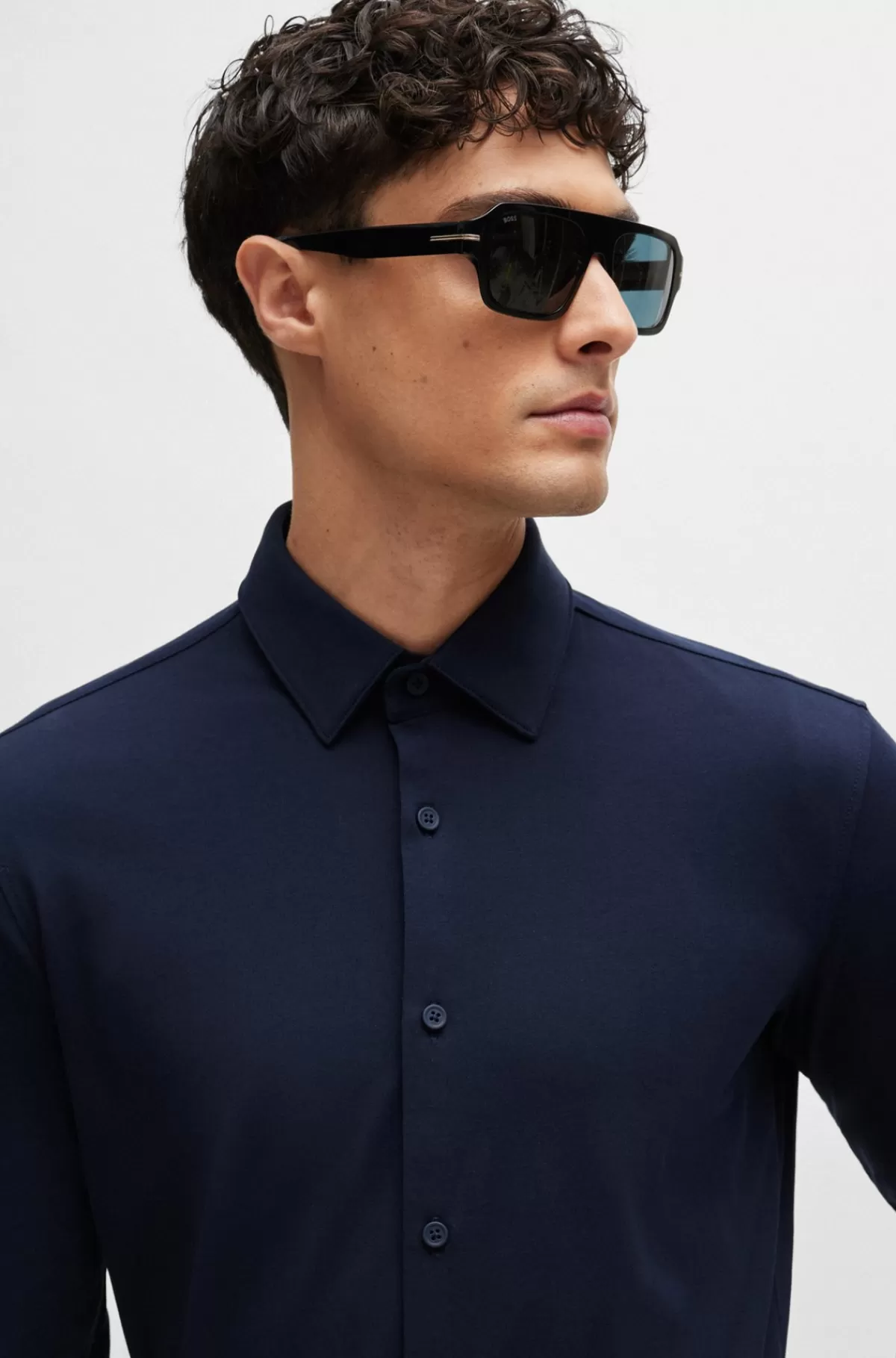 HUGO BOSS Skjorte Med Slim Fit Af Performance Bomuldsblanding Mørkeblå Fashion