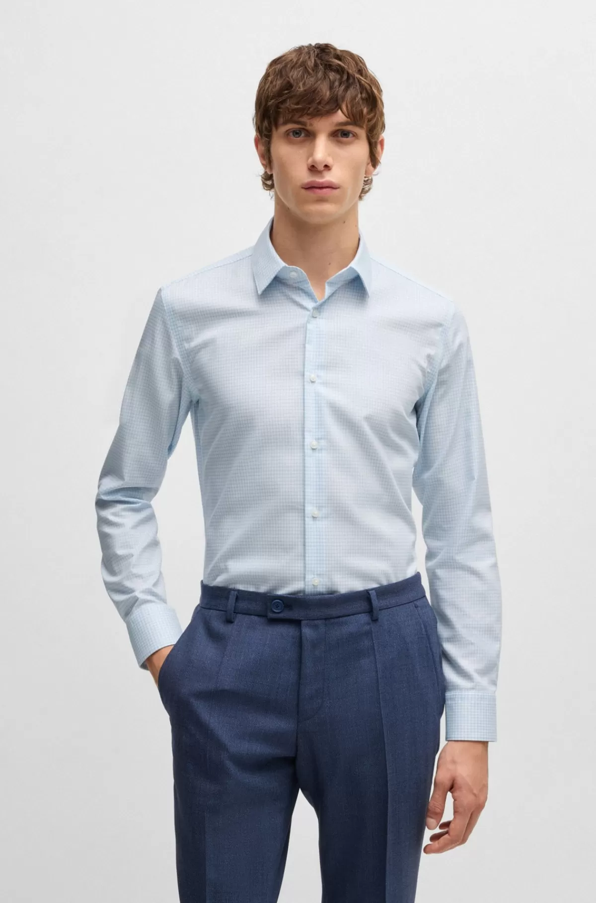 HUGO BOSS Skjorte Med Slim Fit I Antibakterielt, Mønstret Oxford-bomuld Lyseblå Cheap