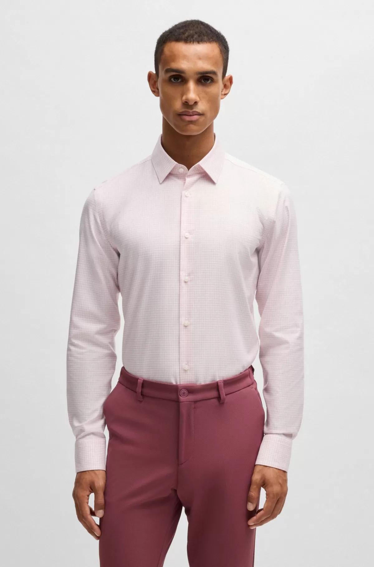HUGO BOSS Skjorte Med Slim Fit I Antibakterielt, Mønstret Oxford-bomuld Lys pink Outlet