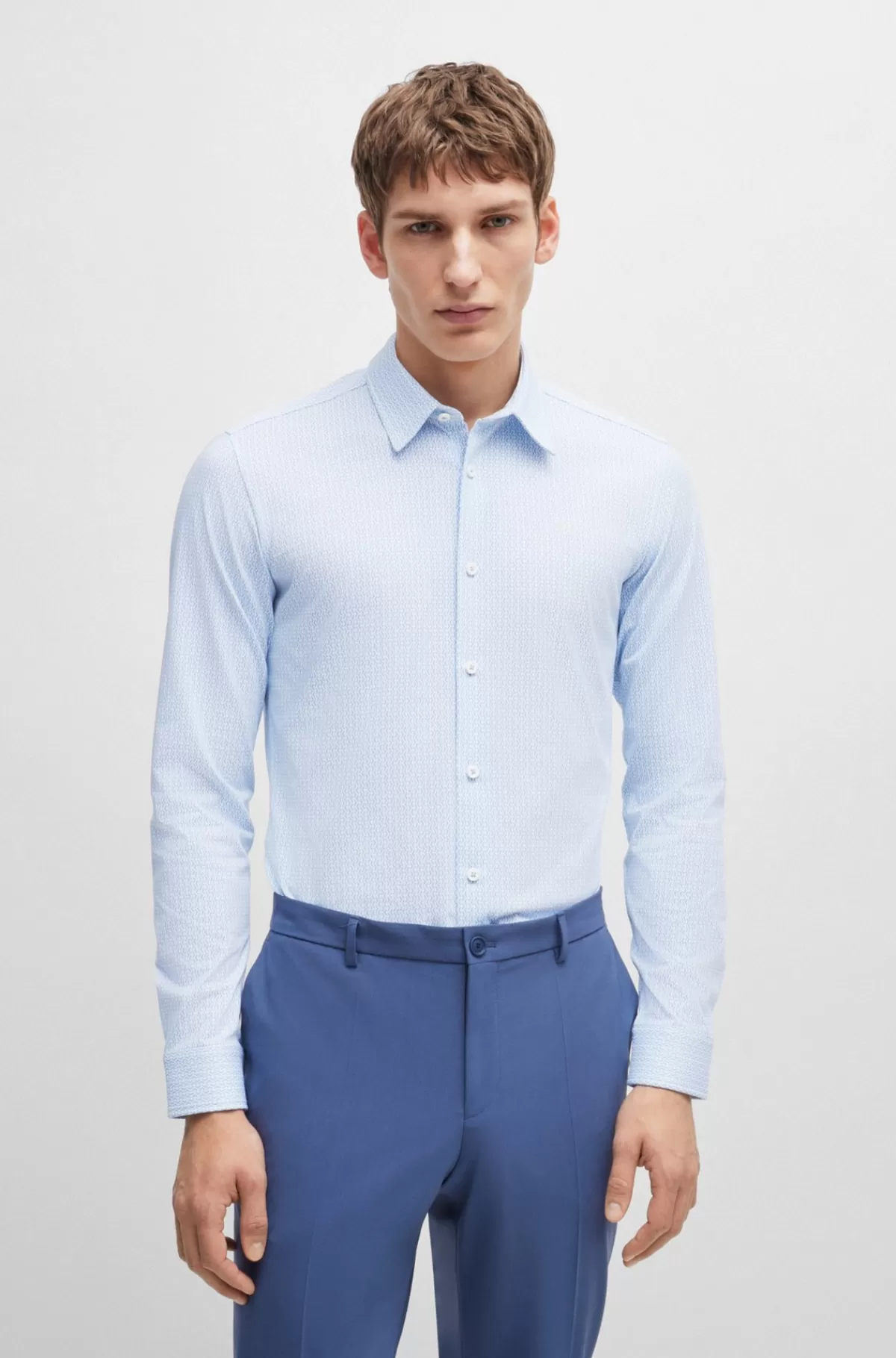 HUGO BOSS Skjorte Med Slim Fit I Blandet Materiale Med Performance-stræk Og Print Lyseblå Clearance