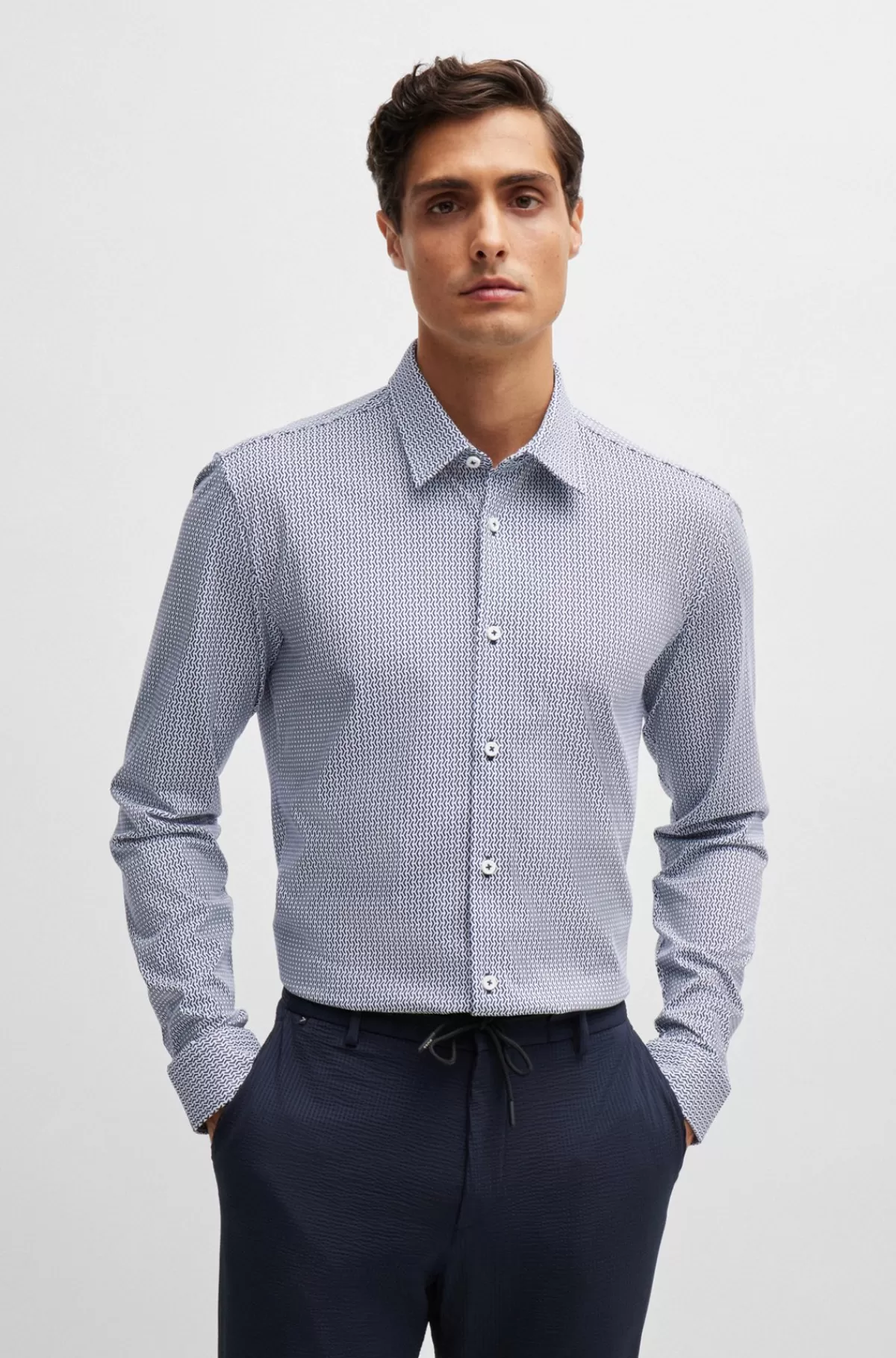 HUGO BOSS Skjorte Med Slim Fit I Blandet Materiale Med Performance-stræk Og Print Mørkeblå Discount