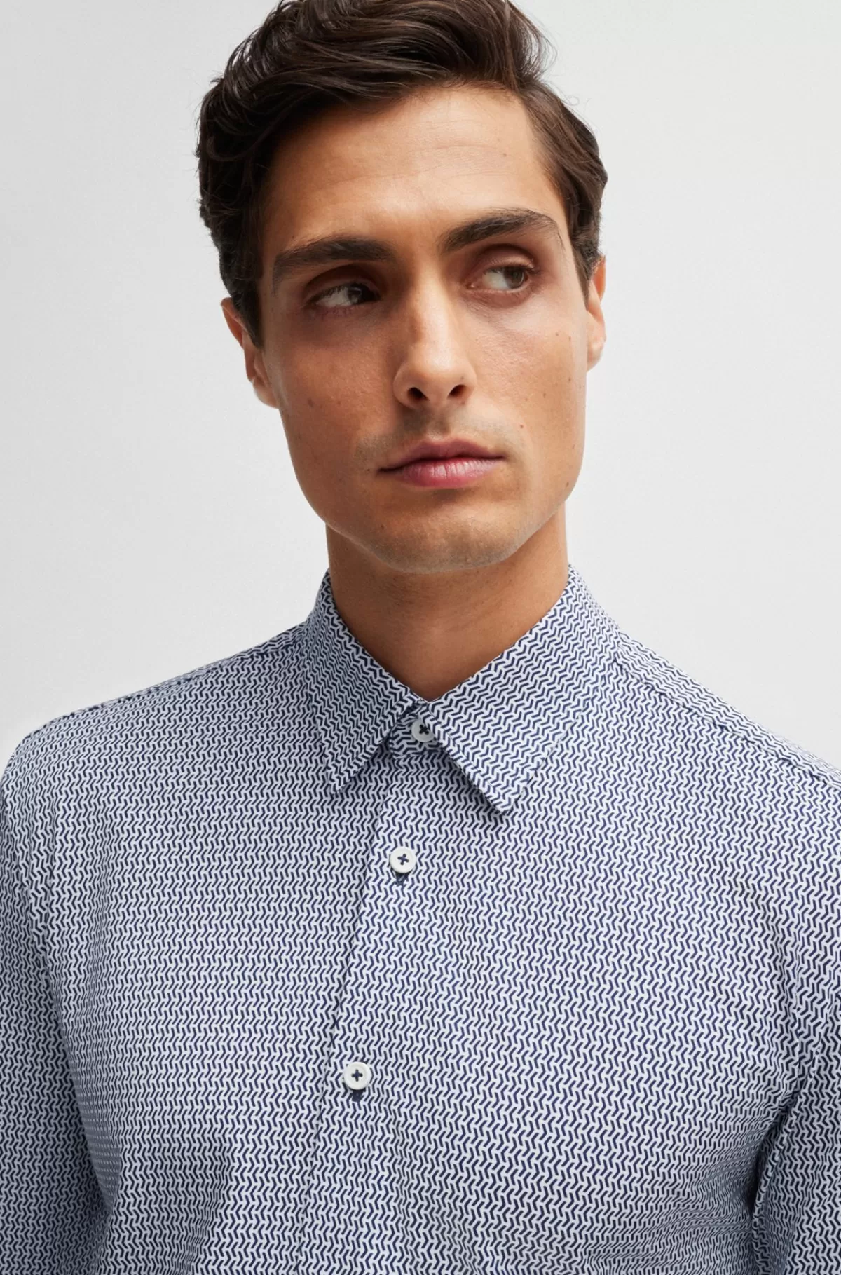 HUGO BOSS Skjorte Med Slim Fit I Blandet Materiale Med Performance-stræk Og Print Mørkeblå Discount