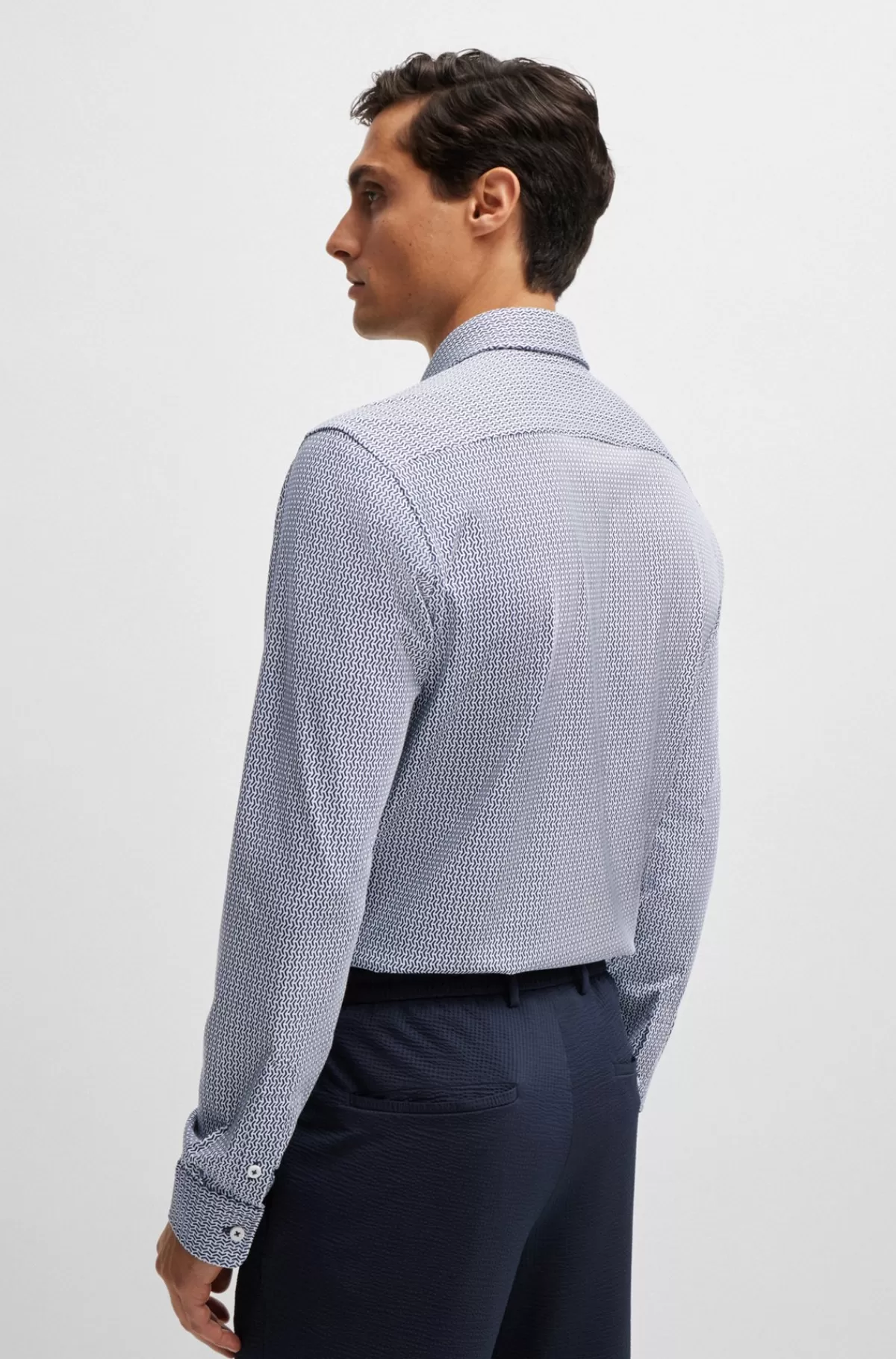HUGO BOSS Skjorte Med Slim Fit I Blandet Materiale Med Performance-stræk Og Print Mørkeblå Discount