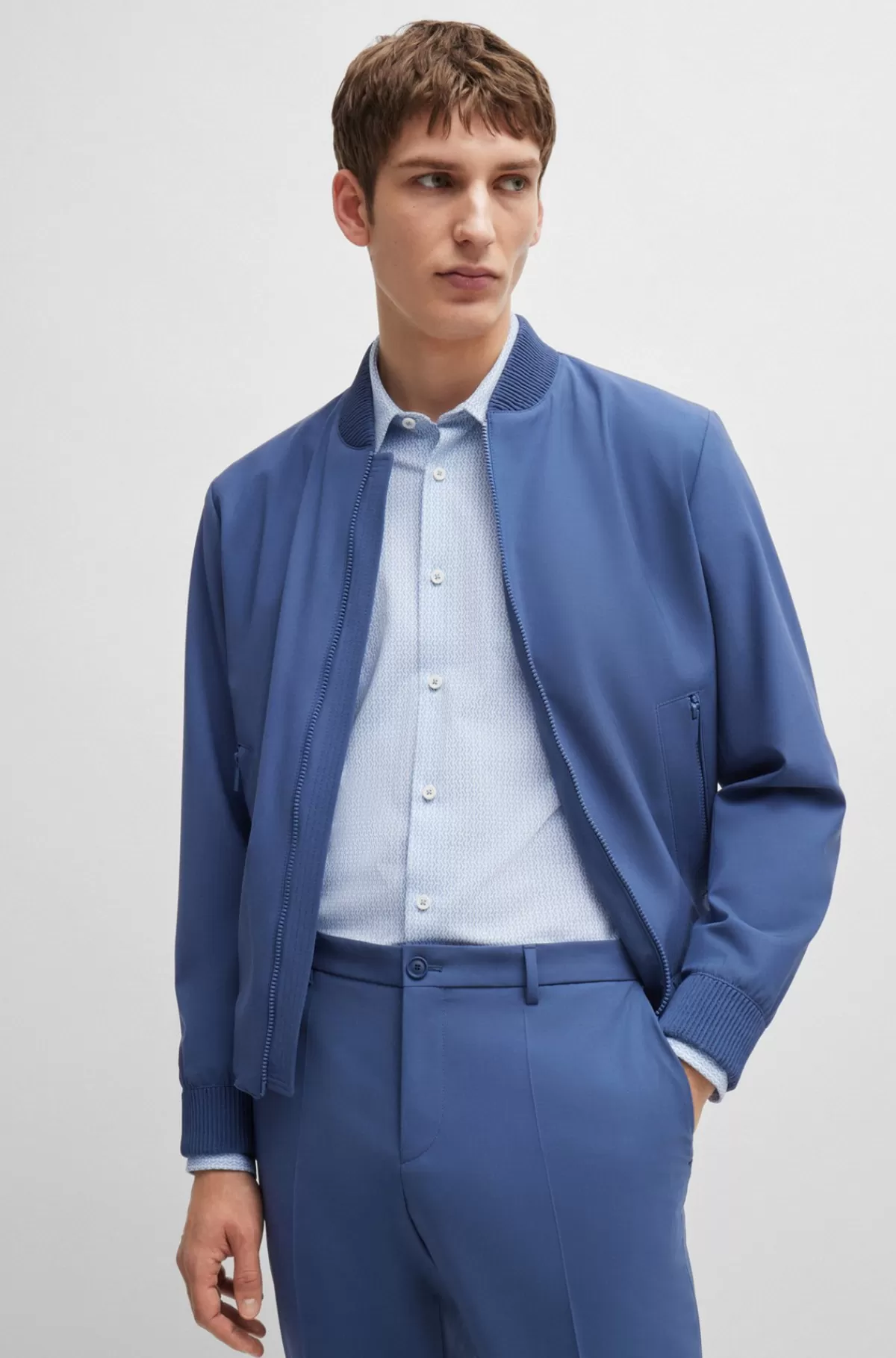 HUGO BOSS Skjorte Med Slim Fit I Blandet Materiale Med Performance-stræk Og Print Lyseblå Clearance