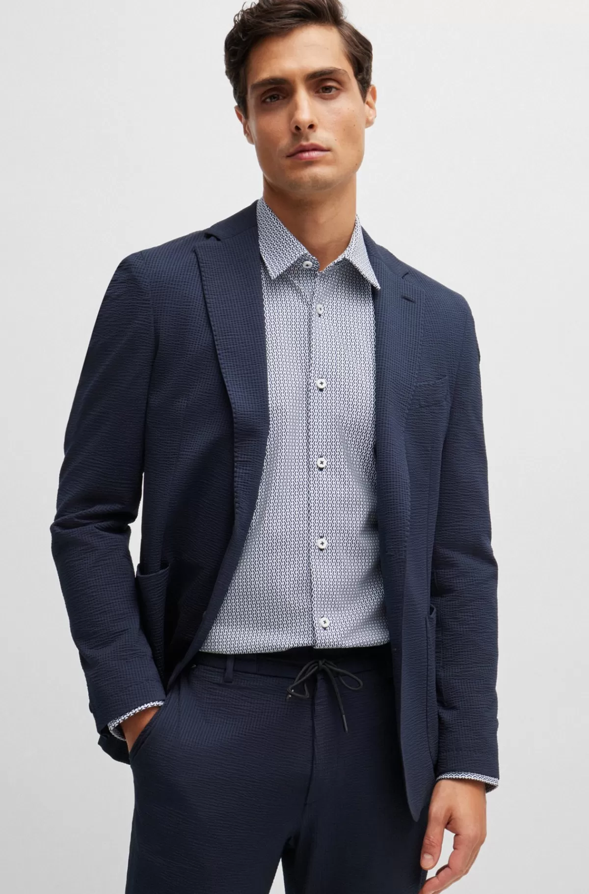 HUGO BOSS Skjorte Med Slim Fit I Blandet Materiale Med Performance-stræk Og Print Mørkeblå Discount