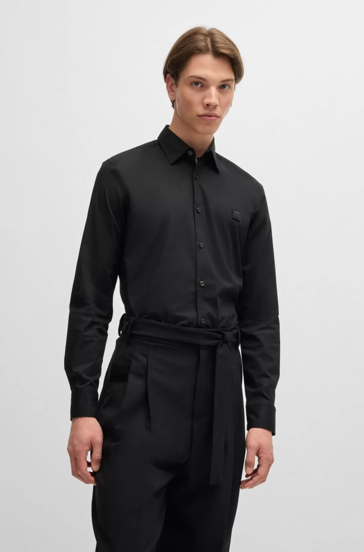 HUGO BOSS Skjorte Med Slim Fit I Bomuld Med Stræk Og Stablet Logo Sort New