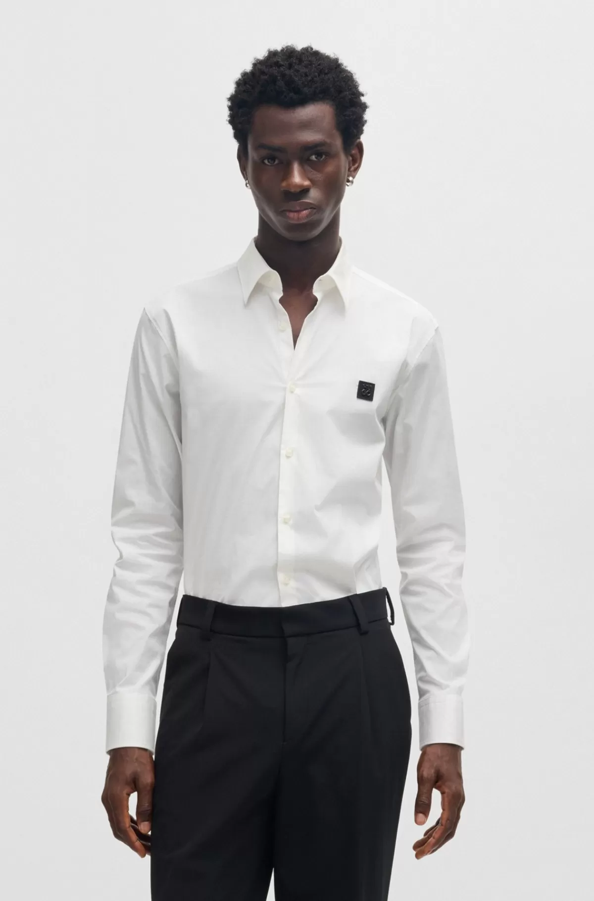 HUGO BOSS Skjorte Med Slim Fit I Bomuld Med Stræk Og Stablet Logo Hvid Hot