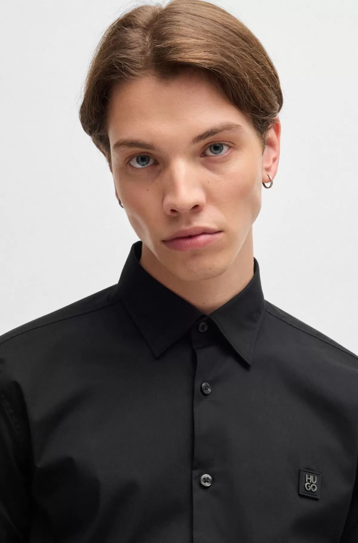 HUGO BOSS Skjorte Med Slim Fit I Bomuld Med Stræk Og Stablet Logo Sort New