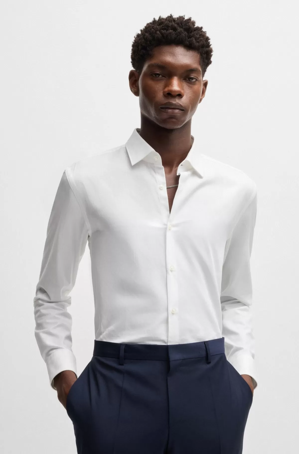 HUGO BOSS Skjorte Med Slim Fit I Bomuld Og Kædevævning Hvid Discount