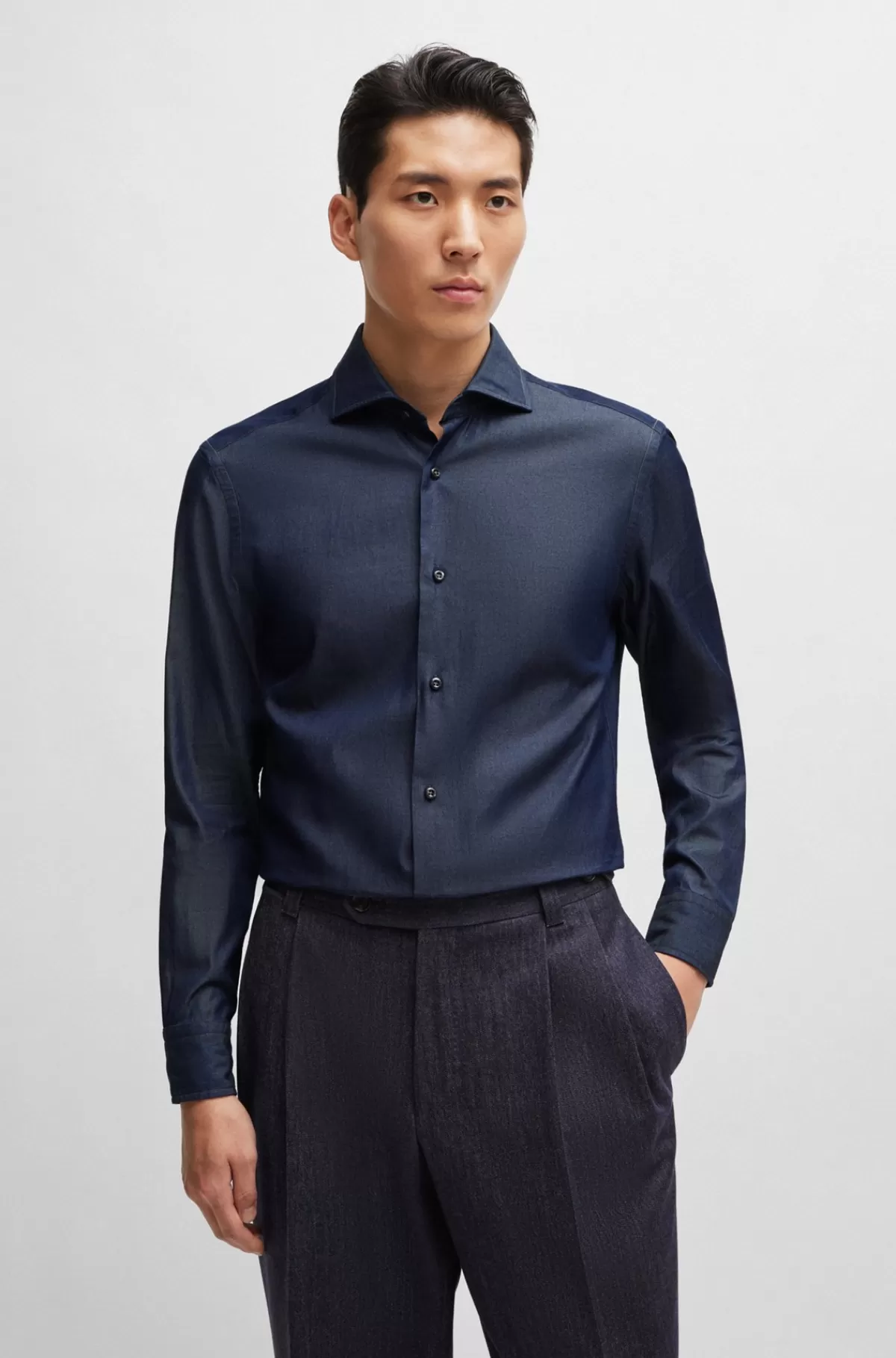 HUGO BOSS Skjorte Med Slim Fit I Bomuldsdenim Med Viftekrave Mørkeblå Fashion