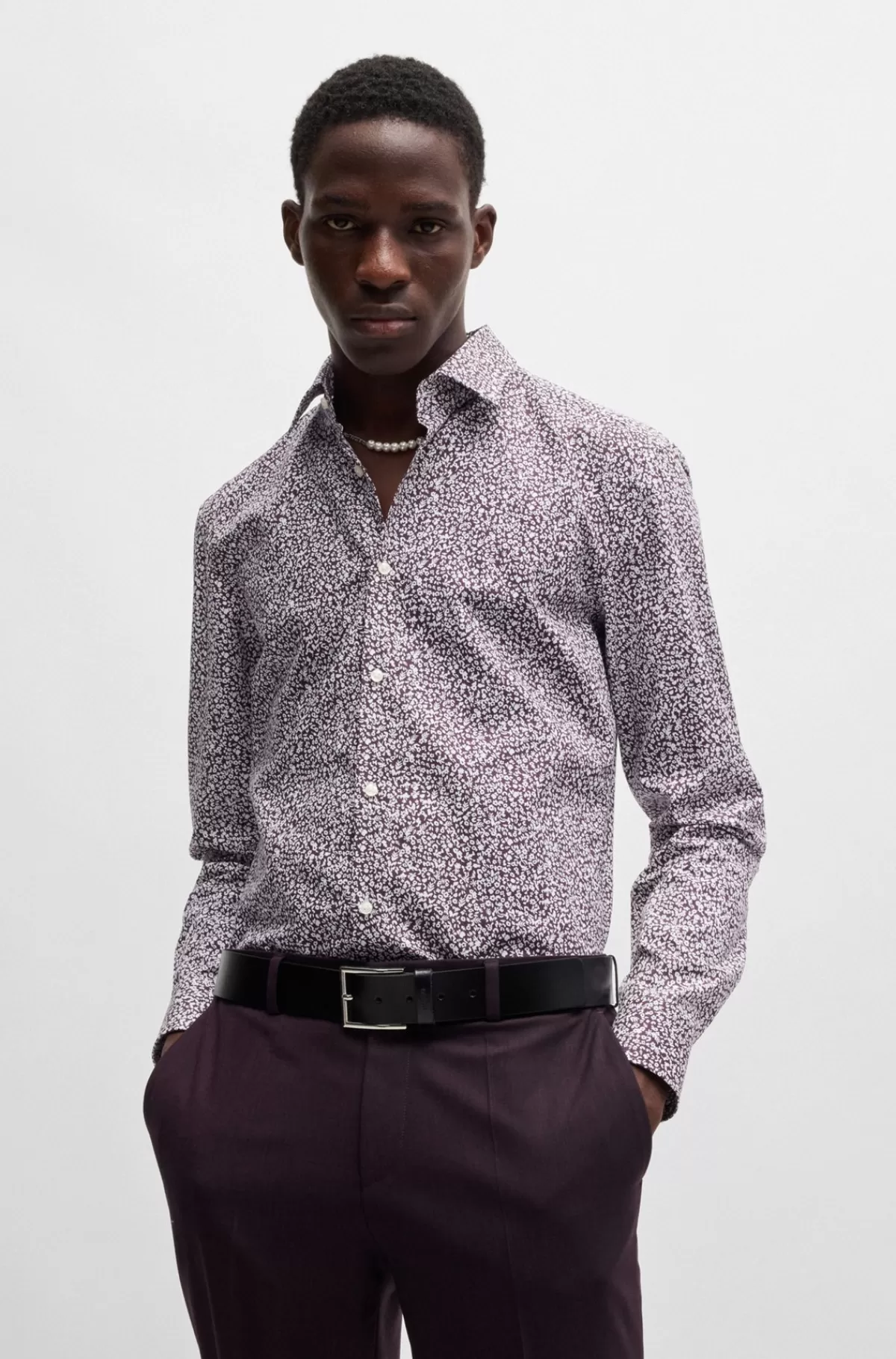 HUGO BOSS Skjorte Med Slim Fit I Bomuldskanvas Med Mikroprint Lyslilla Store