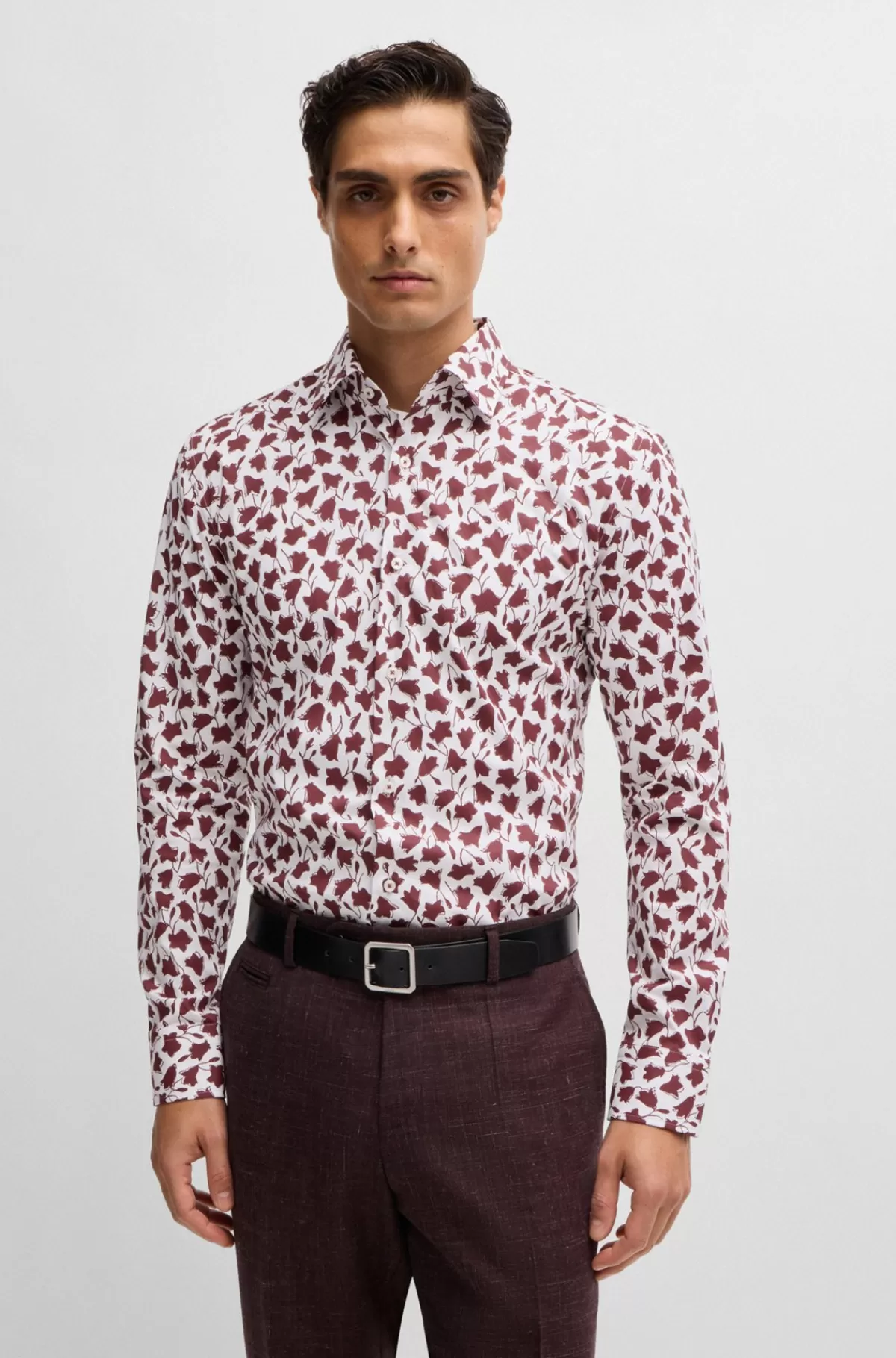 HUGO BOSS Skjorte Med Slim Fit I Bomuldspoplin Med Stræk Og Blomsterprint Mørkerød Cheap