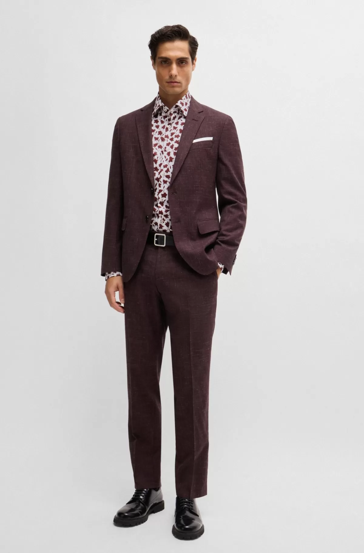 HUGO BOSS Skjorte Med Slim Fit I Bomuldspoplin Med Stræk Og Blomsterprint Mørkerød Cheap