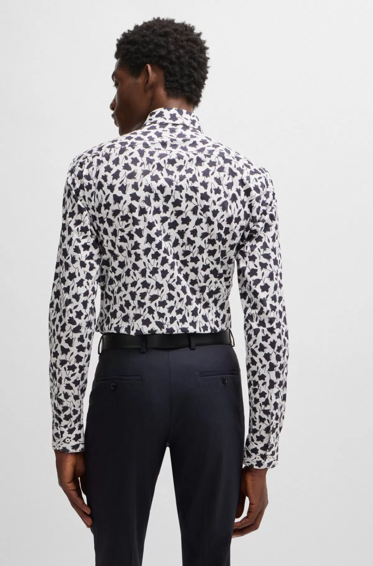 HUGO BOSS Skjorte Med Slim Fit I Bomuldspoplin Med Stræk Og Blomsterprint Mørkeblå Best Sale