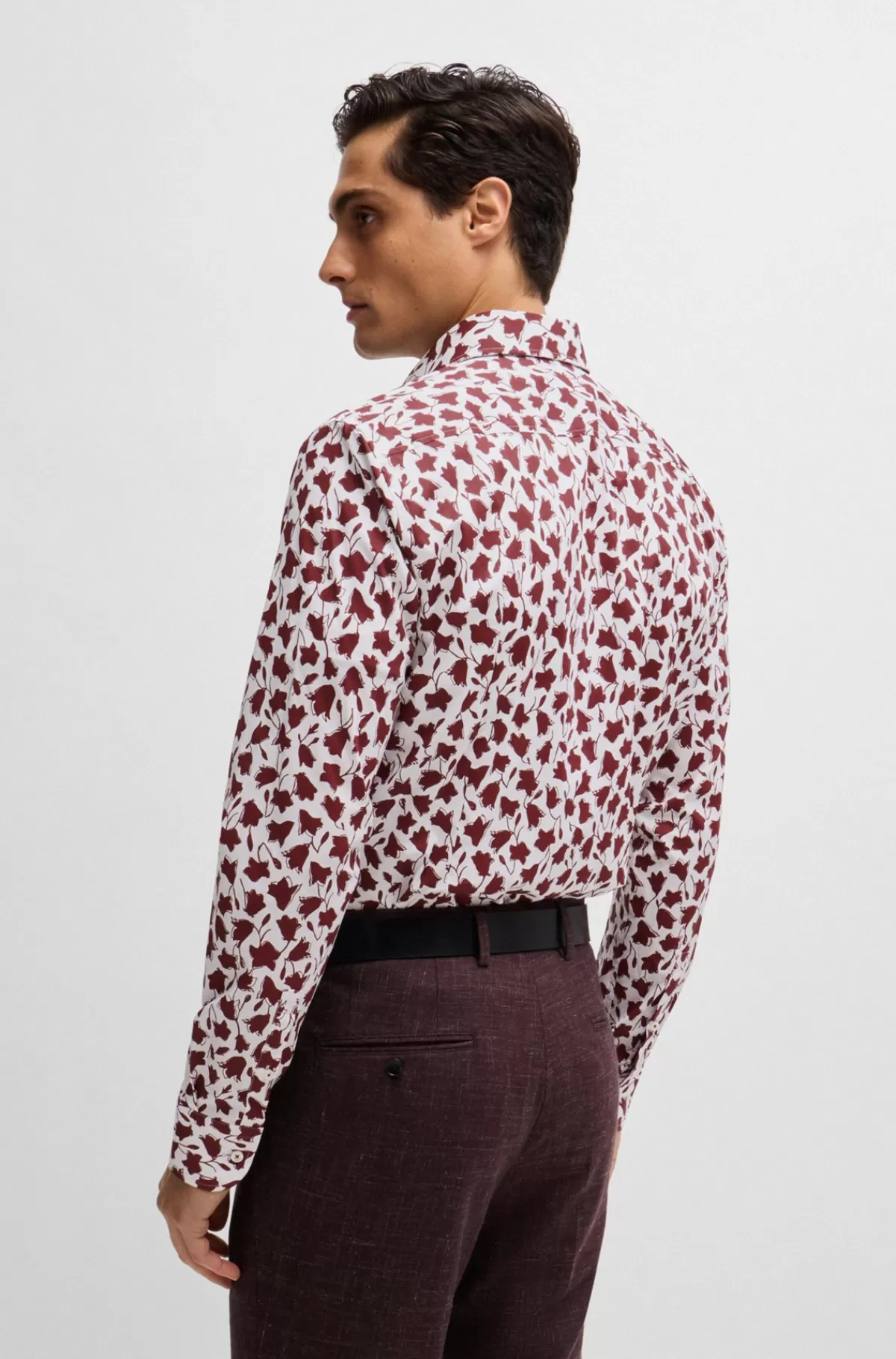 HUGO BOSS Skjorte Med Slim Fit I Bomuldspoplin Med Stræk Og Blomsterprint Mørkerød Cheap