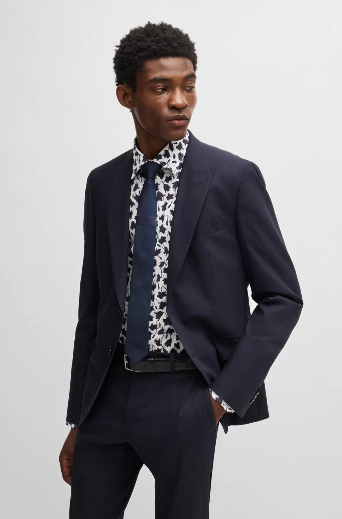 HUGO BOSS Skjorte Med Slim Fit I Bomuldspoplin Med Stræk Og Blomsterprint Mørkeblå Best Sale