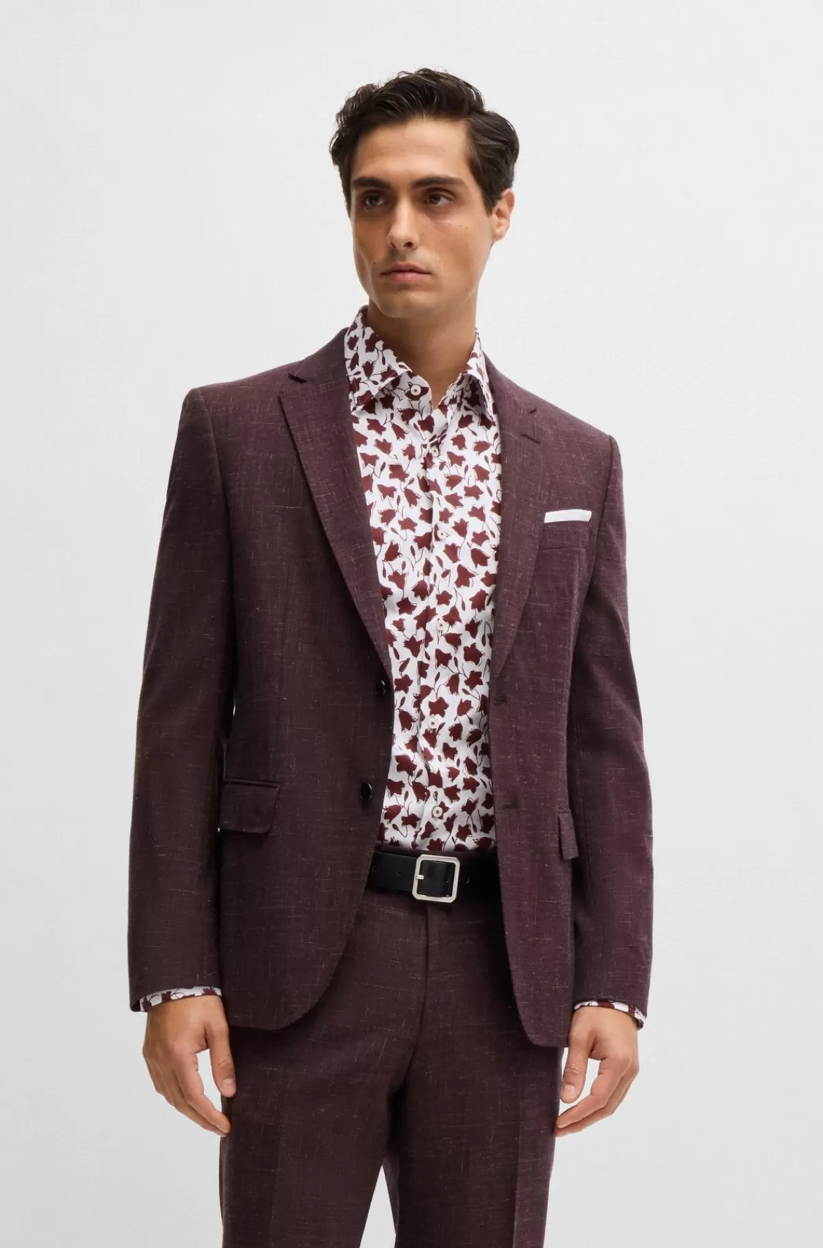 HUGO BOSS Skjorte Med Slim Fit I Bomuldspoplin Med Stræk Og Blomsterprint Mørkerød Cheap