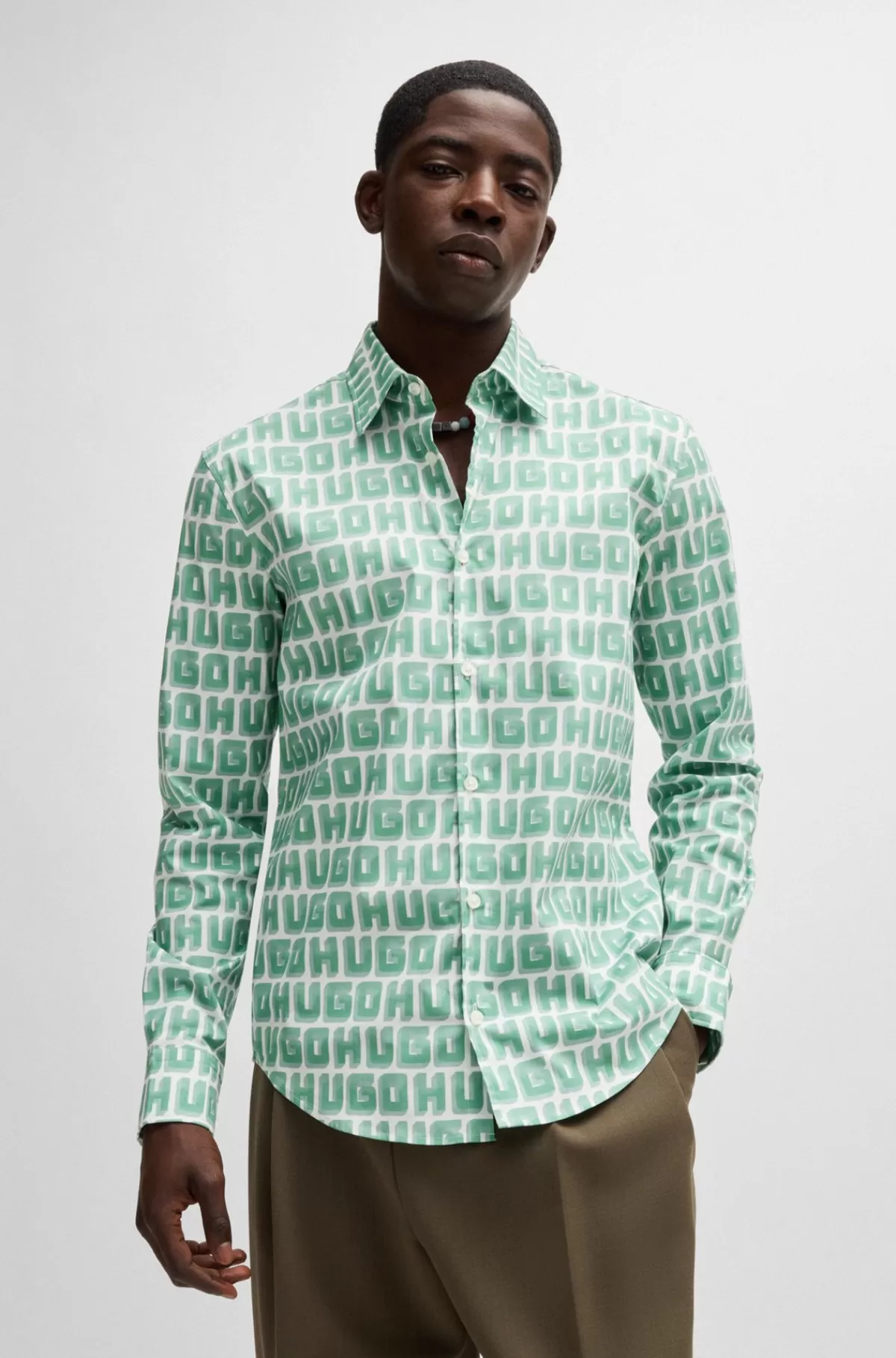 HUGO BOSS Skjorte Med Slim Fit I Bomuldspoplin Med Stræk Og Logoprint Lysegrøn Cheap