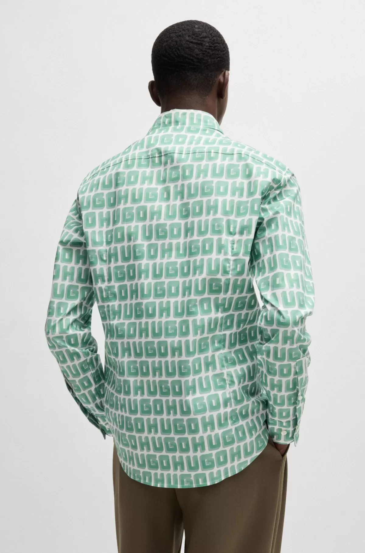 HUGO BOSS Skjorte Med Slim Fit I Bomuldspoplin Med Stræk Og Logoprint Lysegrøn Cheap