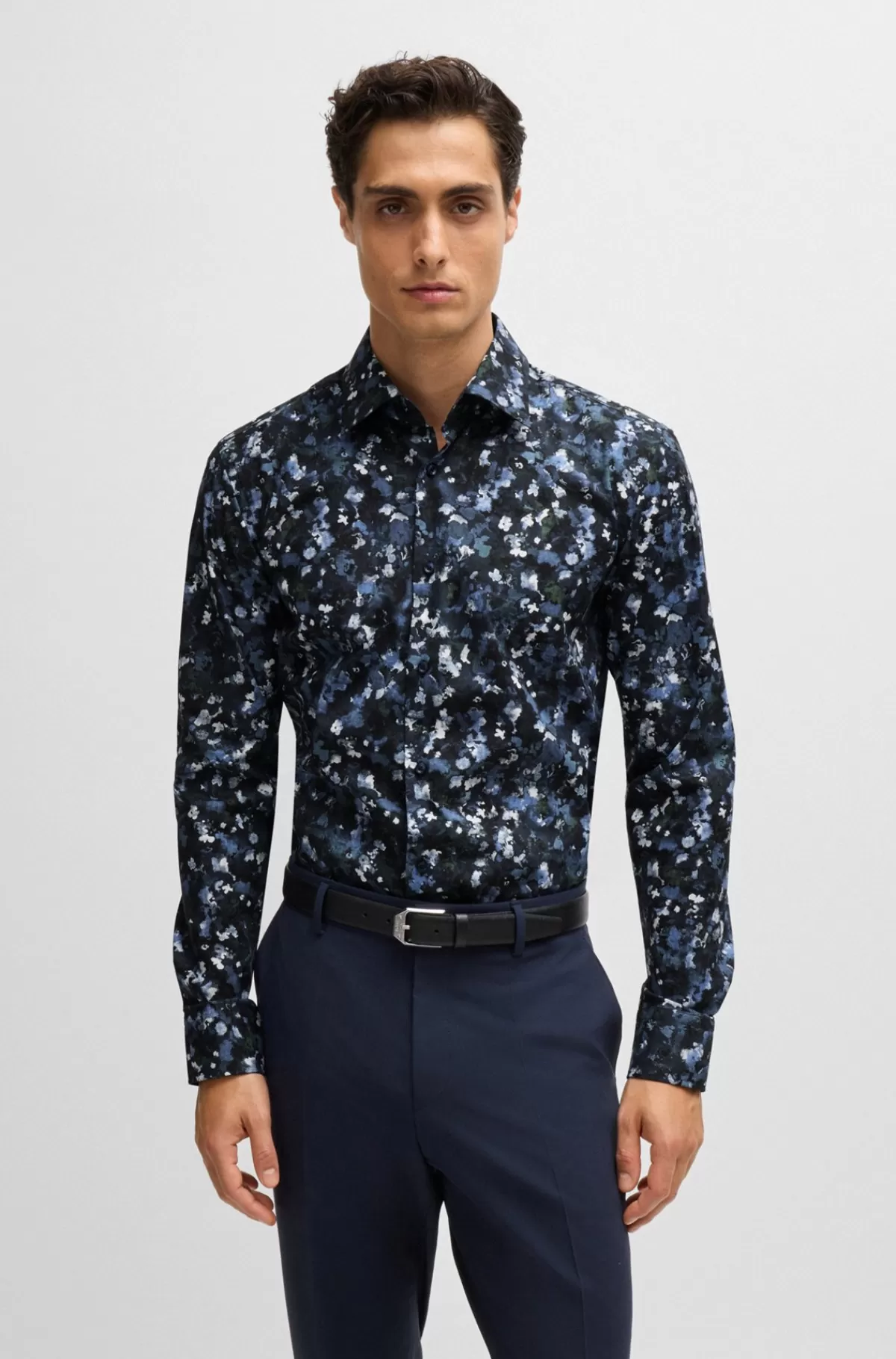 HUGO BOSS Skjorte Med Slim Fit I Bomuldspoplin Med Stræk Og Print Mørkeblå Discount
