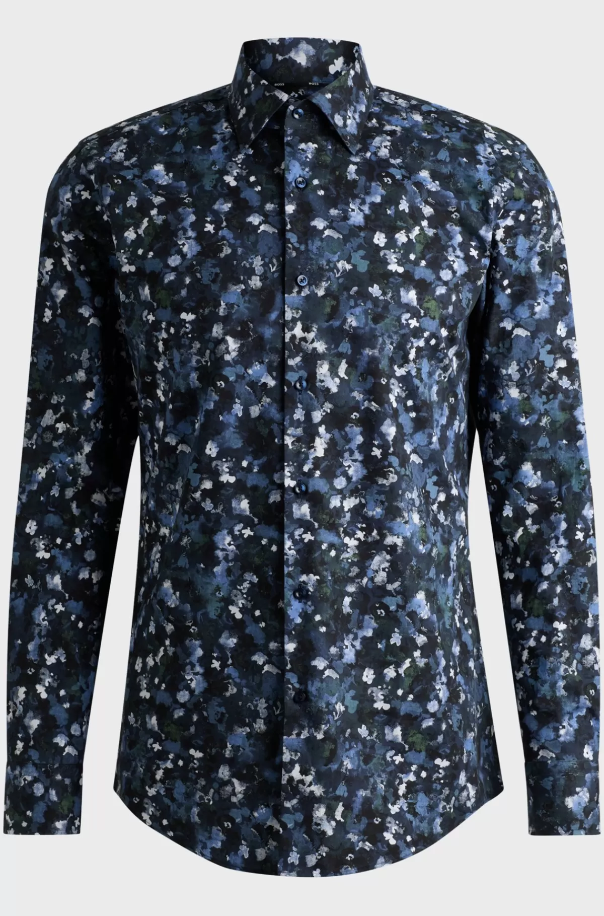 HUGO BOSS Skjorte Med Slim Fit I Bomuldspoplin Med Stræk Og Print Mørkeblå Discount