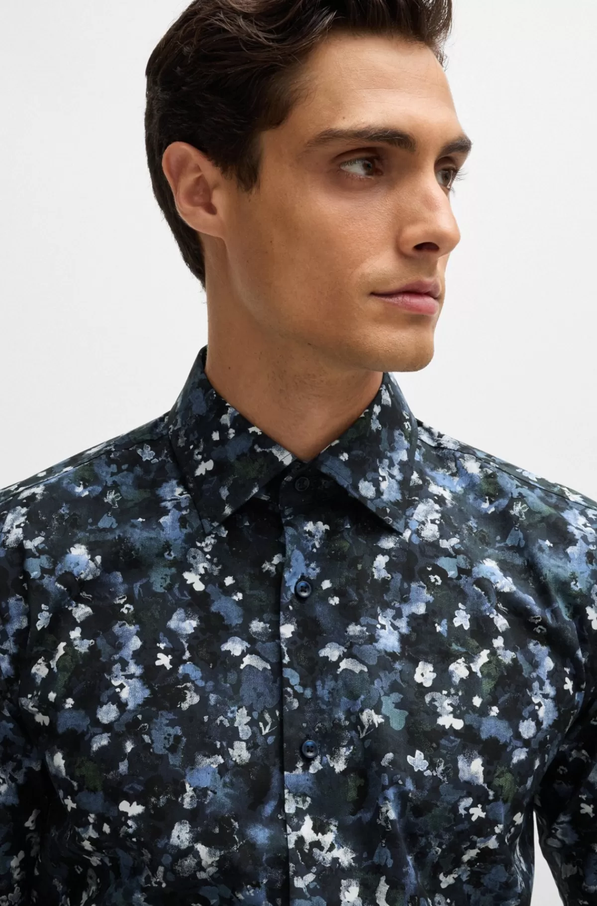 HUGO BOSS Skjorte Med Slim Fit I Bomuldspoplin Med Stræk Og Print Mørkeblå Discount