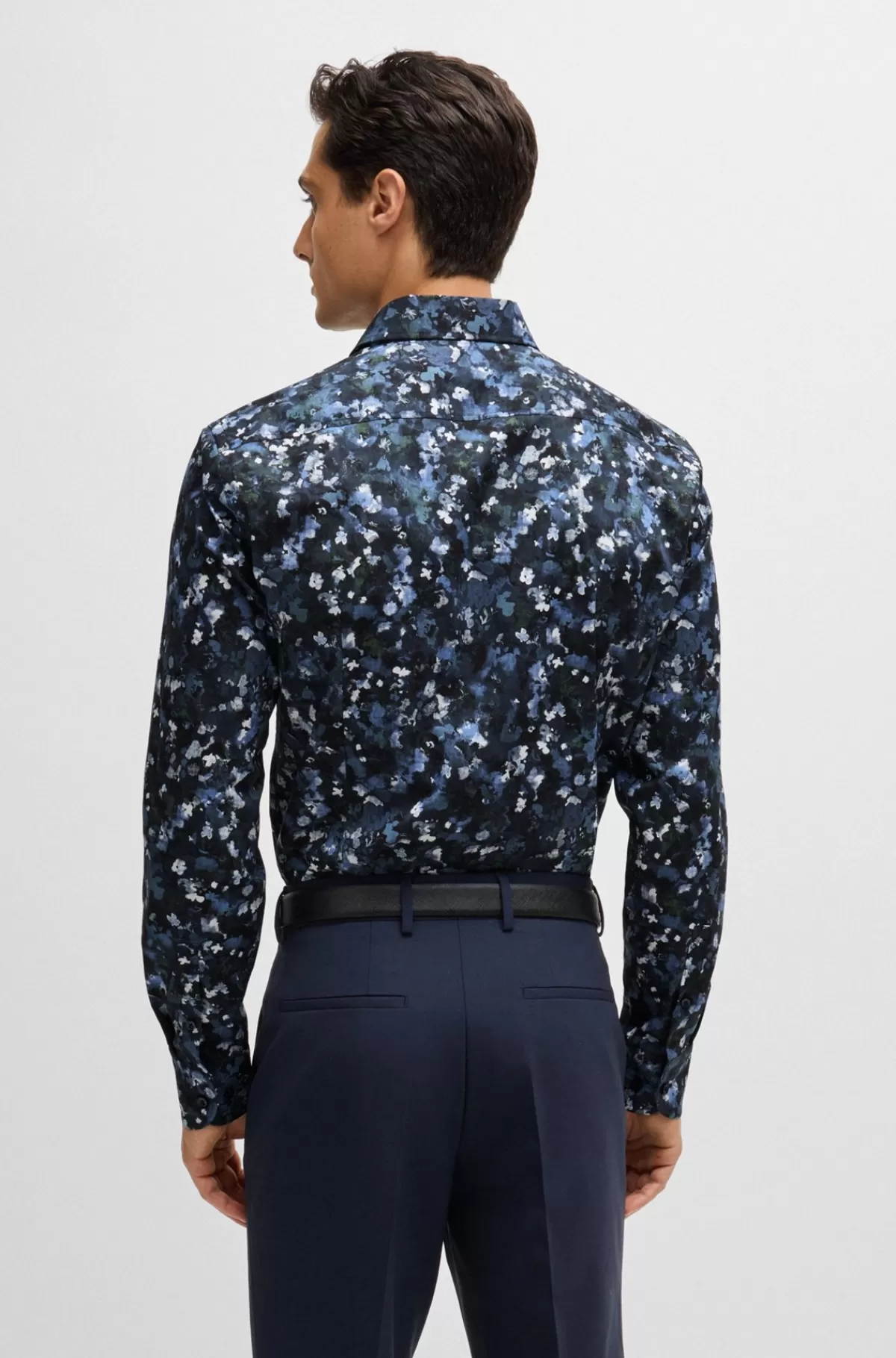 HUGO BOSS Skjorte Med Slim Fit I Bomuldspoplin Med Stræk Og Print Mørkeblå Discount