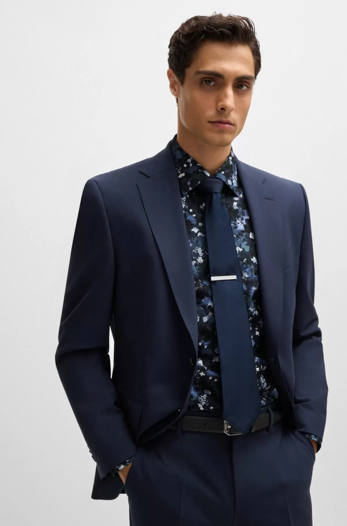 HUGO BOSS Skjorte Med Slim Fit I Bomuldspoplin Med Stræk Og Print Mørkeblå Discount