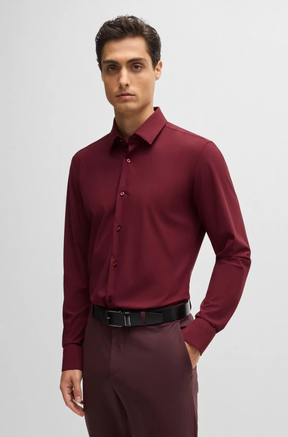HUGO BOSS Skjorte Med Slim Fit I Jersey Med Performance-stræk Mørkerød Sale