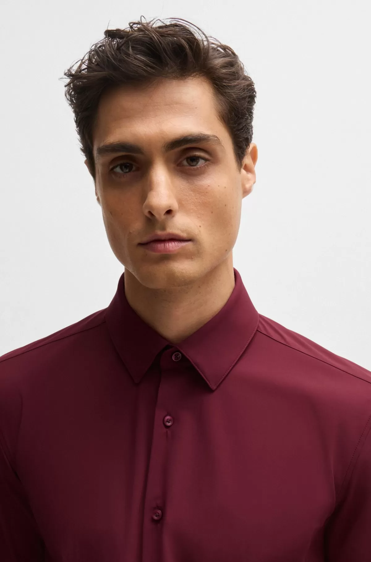 HUGO BOSS Skjorte Med Slim Fit I Jersey Med Performance-stræk Mørkerød Sale