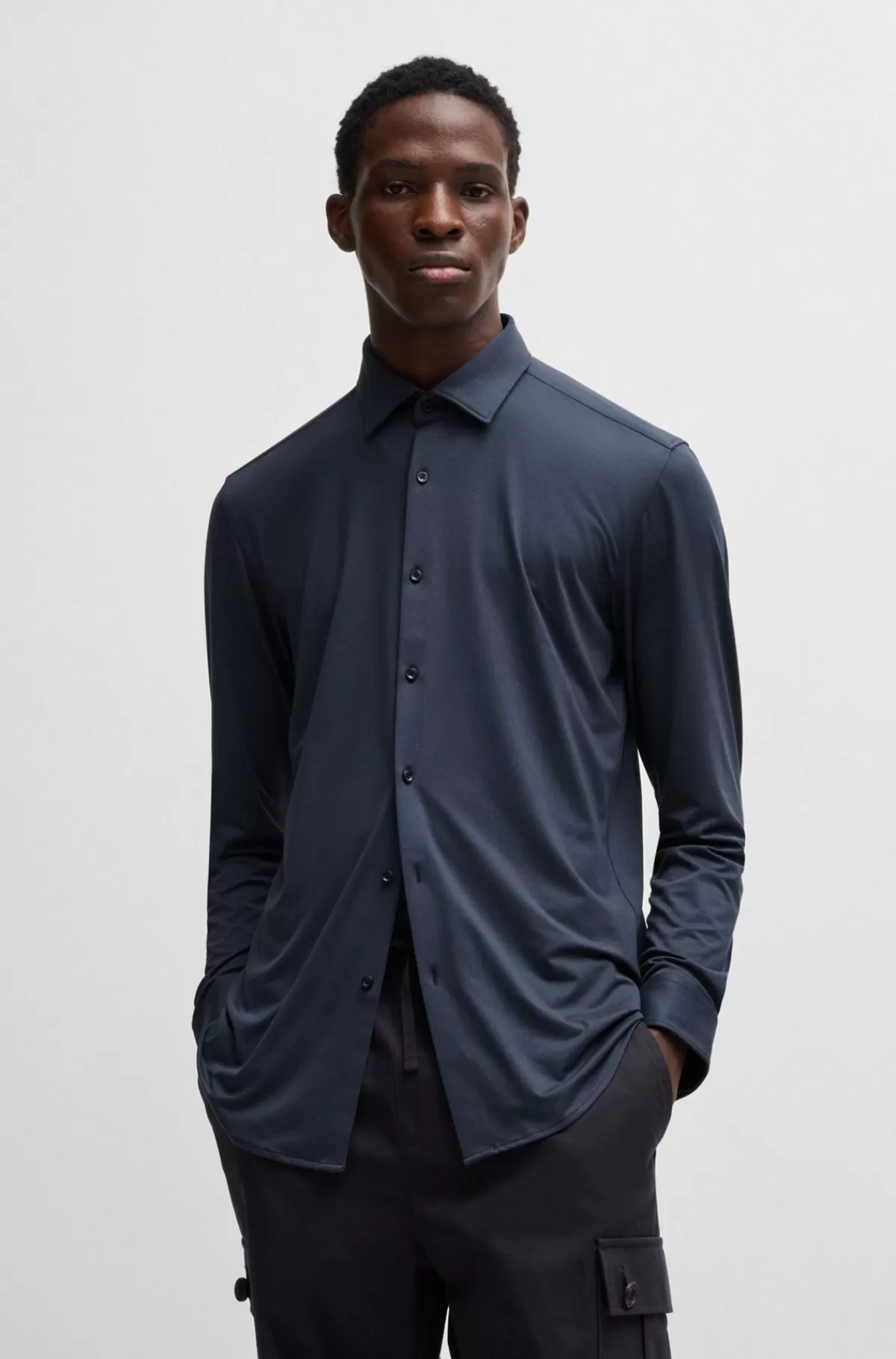 HUGO BOSS Skjorte Med Slim Fit I Jersey Med Print Og Performance-stræk Mørkeblå Clearance