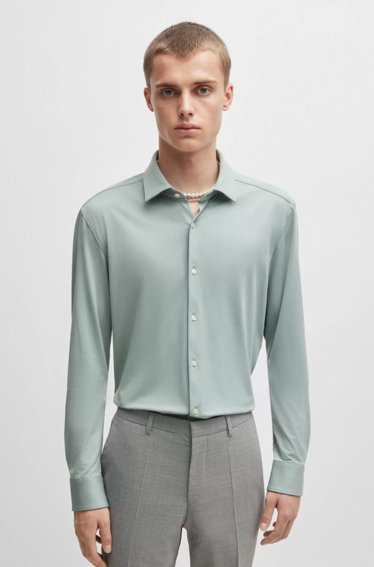 HUGO BOSS Skjorte Med Slim Fit I Jersey Med Print Og Performance-stræk Lysegrå Cheap