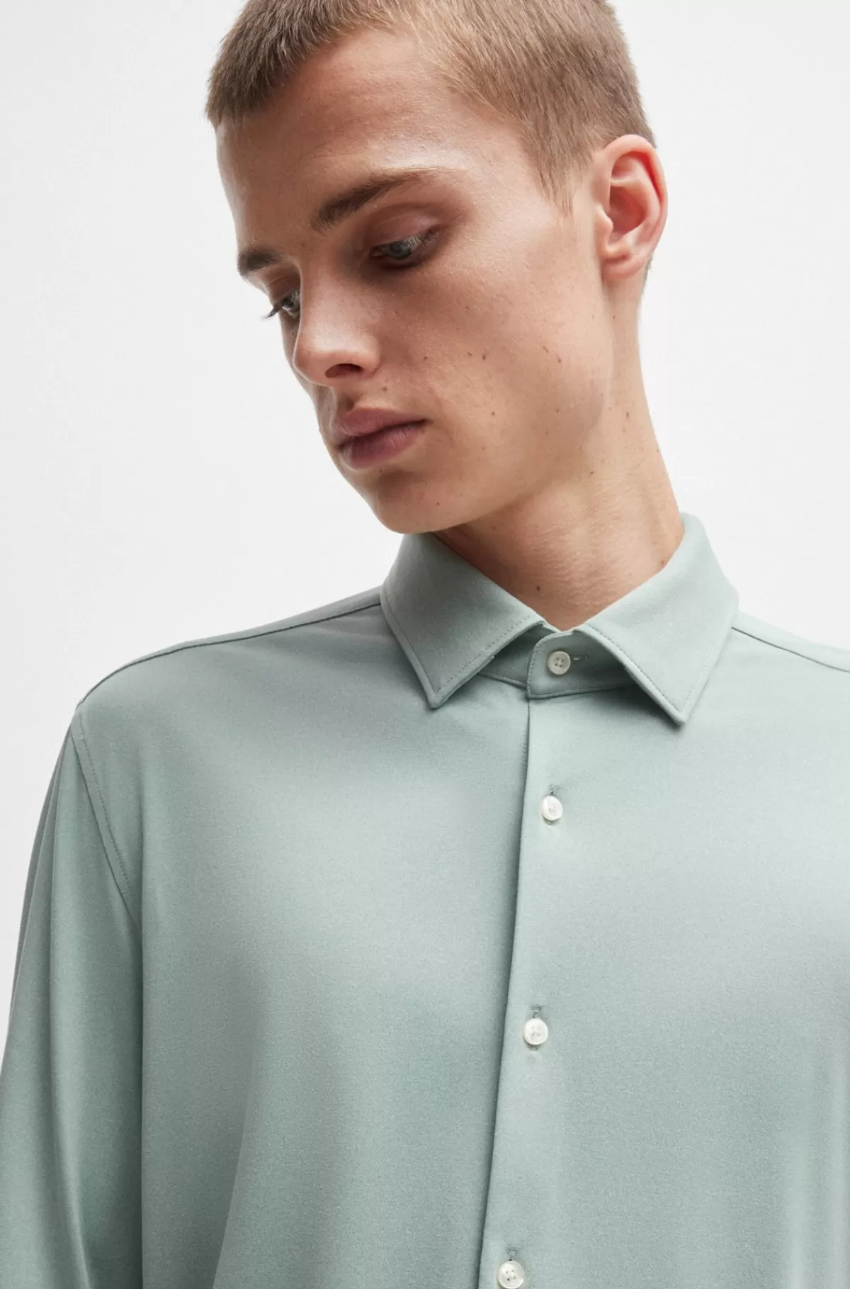 HUGO BOSS Skjorte Med Slim Fit I Jersey Med Print Og Performance-stræk Lysegrå Cheap